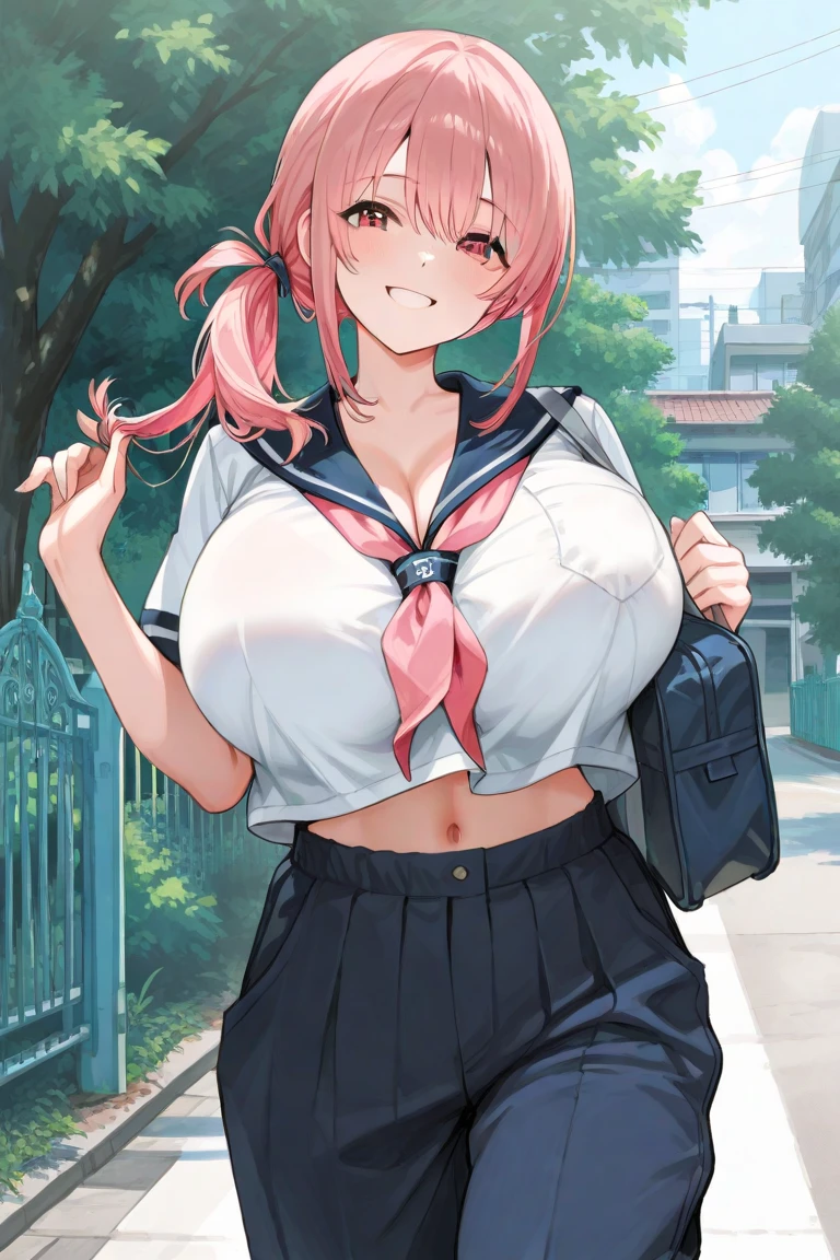 masterpiece, highly best quality, a woman, (schoolgirl uniform), (smile face), outdoor shot, pale pink hair, shiny oily tan skin, huge long breasts, curvy, bbw, chubby tummy, thick, nsfw,