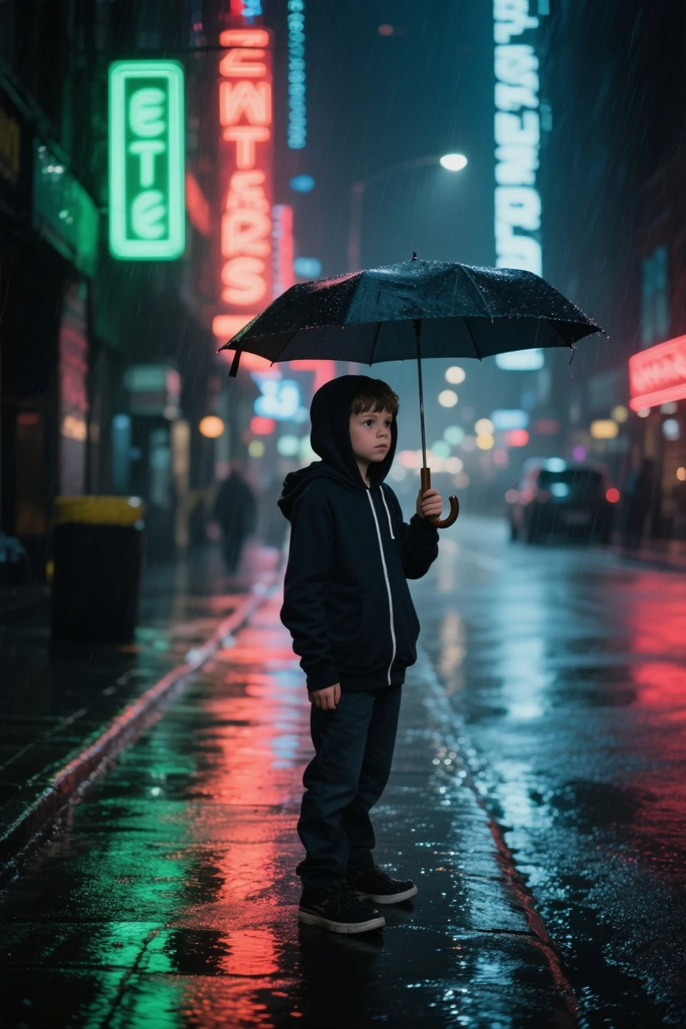 A young boy holding an umbrella on a rainy day, neon rainy cyberpunk setting, at night during rain, raining portrait, it is raining, it is night and raining, it is raining heavily, next gen, neon rain, holding umbrella, raining award winning photo, hero pose colorful city lighting, in a rainy environment, dark glowing rain, single person with umbrella