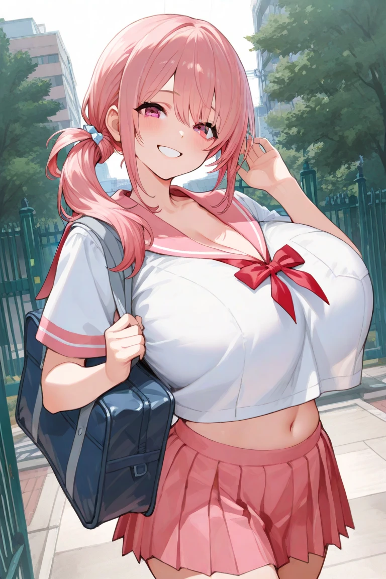 1 girl, solo, breasts, looking at viewer, blushing, smiling, open mouth, bangs, knee-high socks, belly button, cleavage, pigtails, collarbone, pink hair, ahoge, shorts, collar, black knee-high socks, pink eyes, shorts, bell, denim, neck bell, denim shorts, micro shorts, bursting breasts, boob , red backpack,