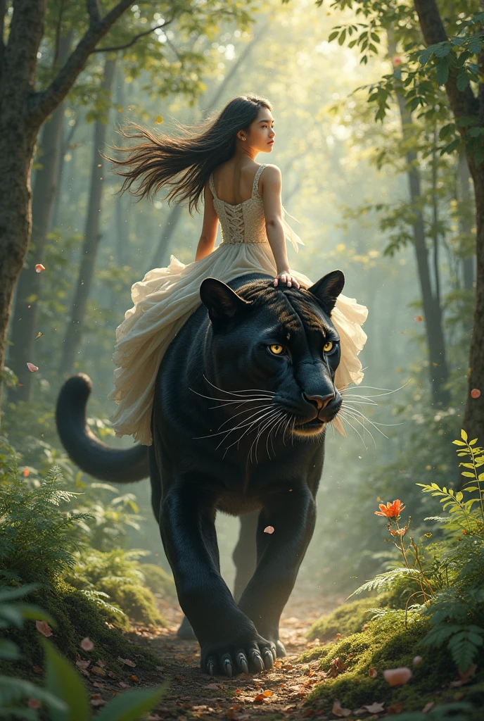 (style of Jon Foster:0.5), (style of Alex Russell Flint:0.5), (style of Bob Eggleton:0.5), (style of Pino Daeni:0.5), masterpiece, best quality, ultra high res, beautiful, visually stunning, elegant, incredible details, <lora:bear - lion - panther - wolf - Animal Rider Concept-000006:0.6>, panther, riding, panther paws, 1girl, fantasy theme, white dress, large breasts, elf, pointy ears, forest, scenery, nature, landscape, long hair, floating hair,