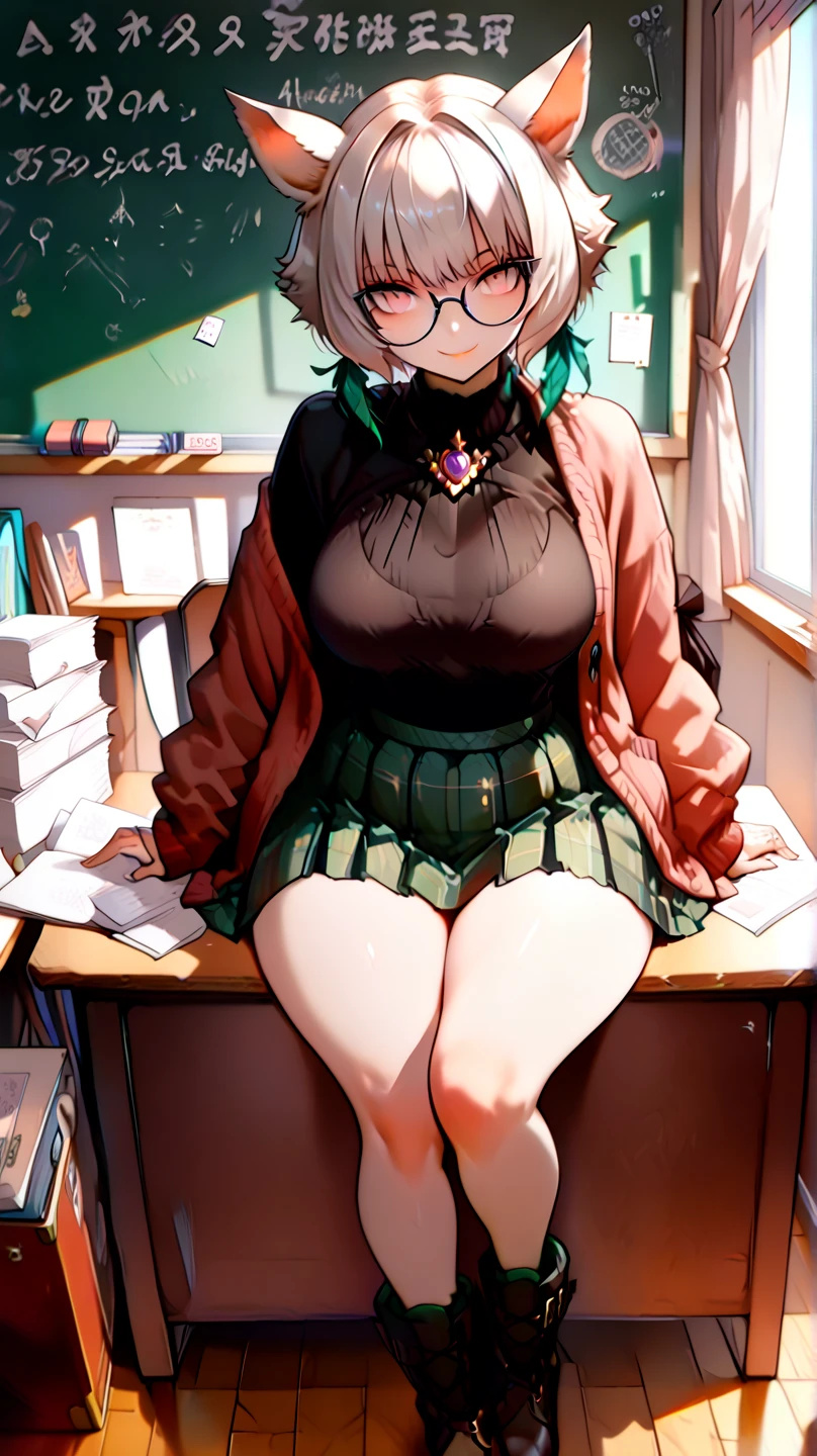 A young girl,Around 20 years old,university student,Greasy green hair,Short curly hair like a boy,Fine pupils,Green eyes,Wear round glasses,Full breasts,Off-shoulder sweater,Red and white plaid skirt,Black suspenders,Brown leather high heels,The background is a college campus。