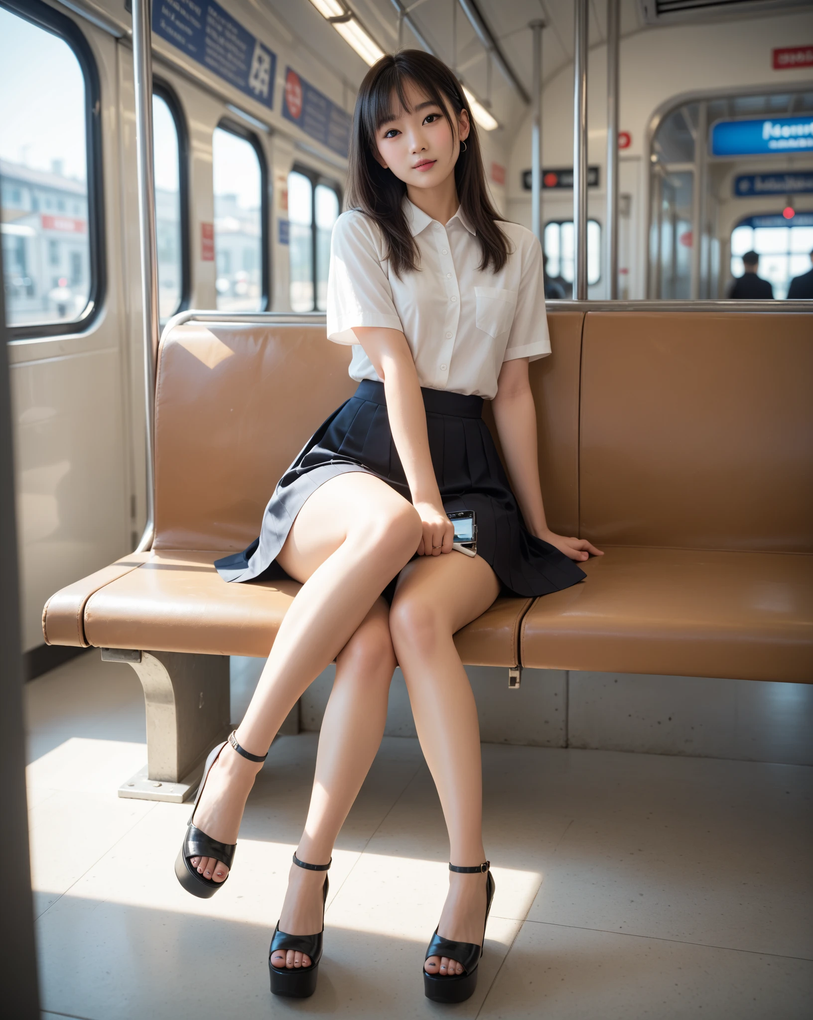 1girl, bob cut.solo,23yo. brown hair, looking at viewer, jewelry, full body, shirt, skirt, socks, brown eyes, bracelet, shoes, bangs, choker, black footwear, necklace .white panties.pantyshot, panties shot, woman, sitting, train, chair, her, legs, crossed, bench