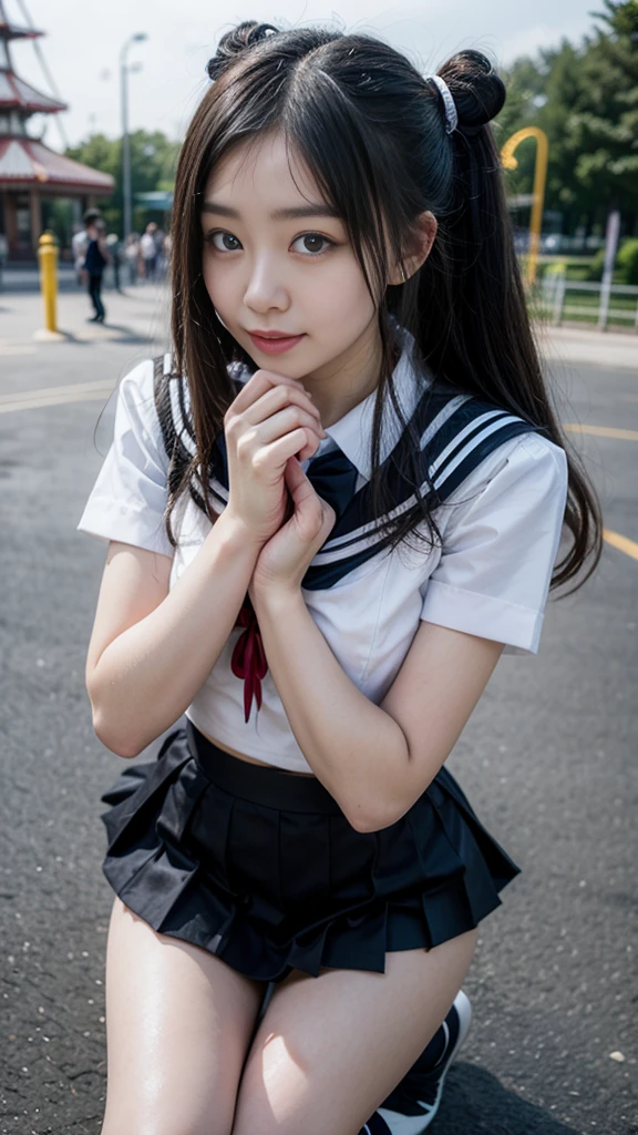 One girl,(In a white bra,Japan,Twin tails、Black Hair,  ),(RAWphotograph, highest quality), (Realistic, photo-Realistic:1.4), masterpiece, Very delicate and beautiful,, photograph, Very detailed, Kodak Portrait 400,Film Grain,2k wallpaper, wonderful, In detail, Very detailed CG unity 8k wallpaper, Very detailedな, High resolution, Soft Light, Beautiful detailed girl, Very detailed eyes and face, Beautifully detailed nose, Beautiful fine details,Cinema Lighting,City lights at night,street 、Kissing Face、Kiss、Licking my tongue、Nasty clothes、Upper Body、Cleavage、slouch、Naughty smile、Armband、Exposing your chest、A tight chest