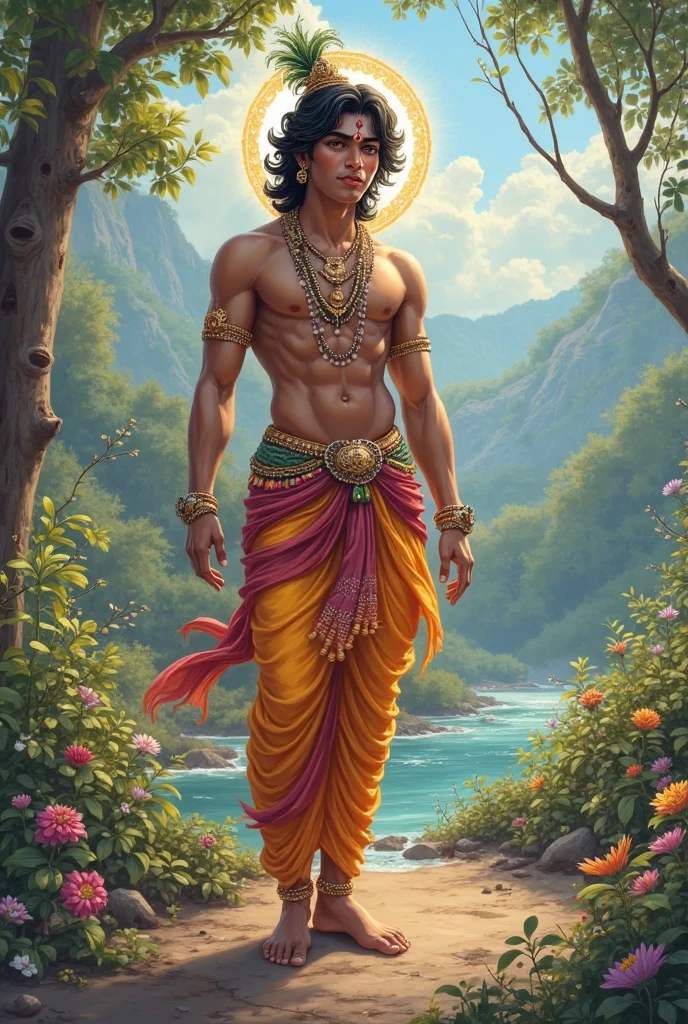 Shri krishna stand on a ground with sudarshan chakra on head.