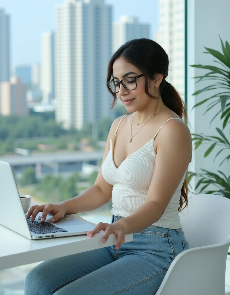 Adriana Morales is a beautiful young Spanish woman, beautiful rectangular face, she wears glasses, subtle make-up, soft skin, beautiful eyes, slick hair, medium breasts, taken from the front bottom, (best quality:1.4), (ultra highres:1.2), (photorealestic:1.4), (8k, RAW-Foto:1.2), Vivid colors, The model is staged as a digital nomad, she is working on a laptop, on a bench by the Rhine, smartphone, headset and a pen lie next to it, (long white shirt), (black suit pants), ((white sneakers without socks)), gold watch, gold necklace