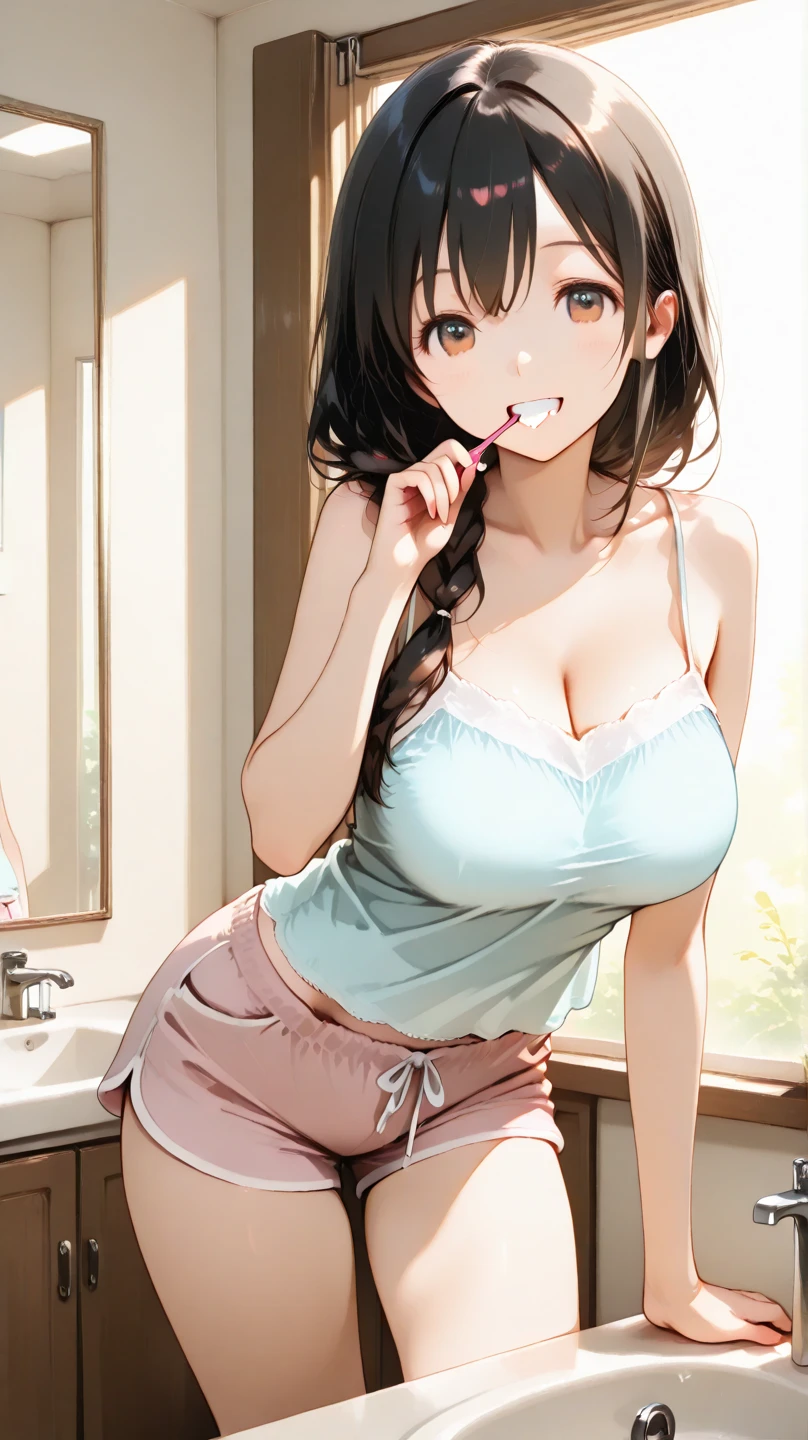 ((Highest quality)), ((masterpiece)), (detailed),  Off-the-shoulder sweater, Blowjob、deep throat、Deep Throat、Long Hair、Big Mouth、blush、Drooling、Perfect cleavage、Slender body、Thin waist、Slim waist、Midriff look、Thigh Gap:1.4、Denim mini skirt、Thong、Obsessed with penis、Cum in mouth、Overflowing sperm、汚れたPerfect cleavage、