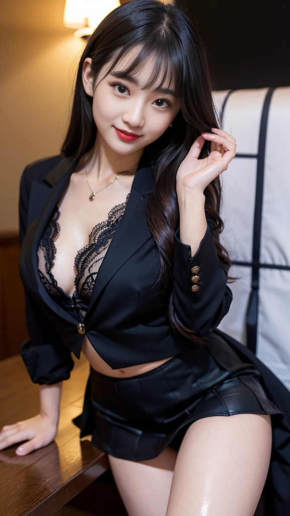 ulzzang-6500-v1.1, (RAW Photos:1.2), (Photorealistic), (Genuine:1.4), ((masterpiece)),(Very realistic, High resolution, Detailed face, Beautiful Eyes), Thin woman, 40 years old, Cute Face, Looking at the audience, (A very loving smile:1.2)、Various updo styles, Slim figure, Small breasts, Very small waist, At the office, Wearing a strict business suit, Skirts and pantyhose, (Ultra-realistic pantyhose:1.3), Bare thighs!!!