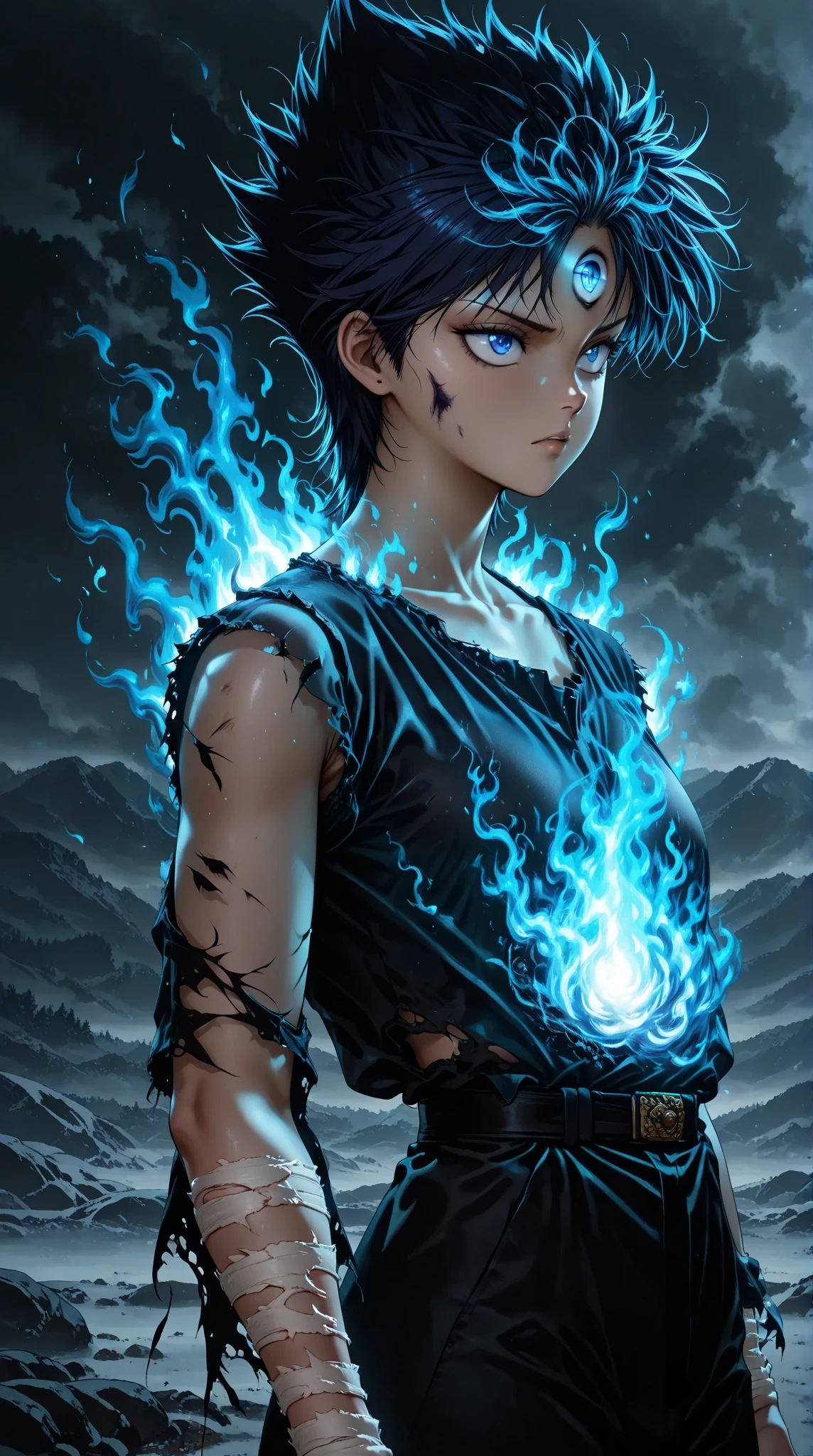 double exposure of high quality,(Dragon-shaped flame:1.2) ,score_9, score_8_up, score_7_up, score_6_up, masterpiece, best quality, amazing quality, best aesthetic, absurdres, intricate details,1male,hiei_yyh
third eye
bandages
torn clothes,1980’s anime style,background is flame of Dragon shape ,dark blue flame,transparent flame 