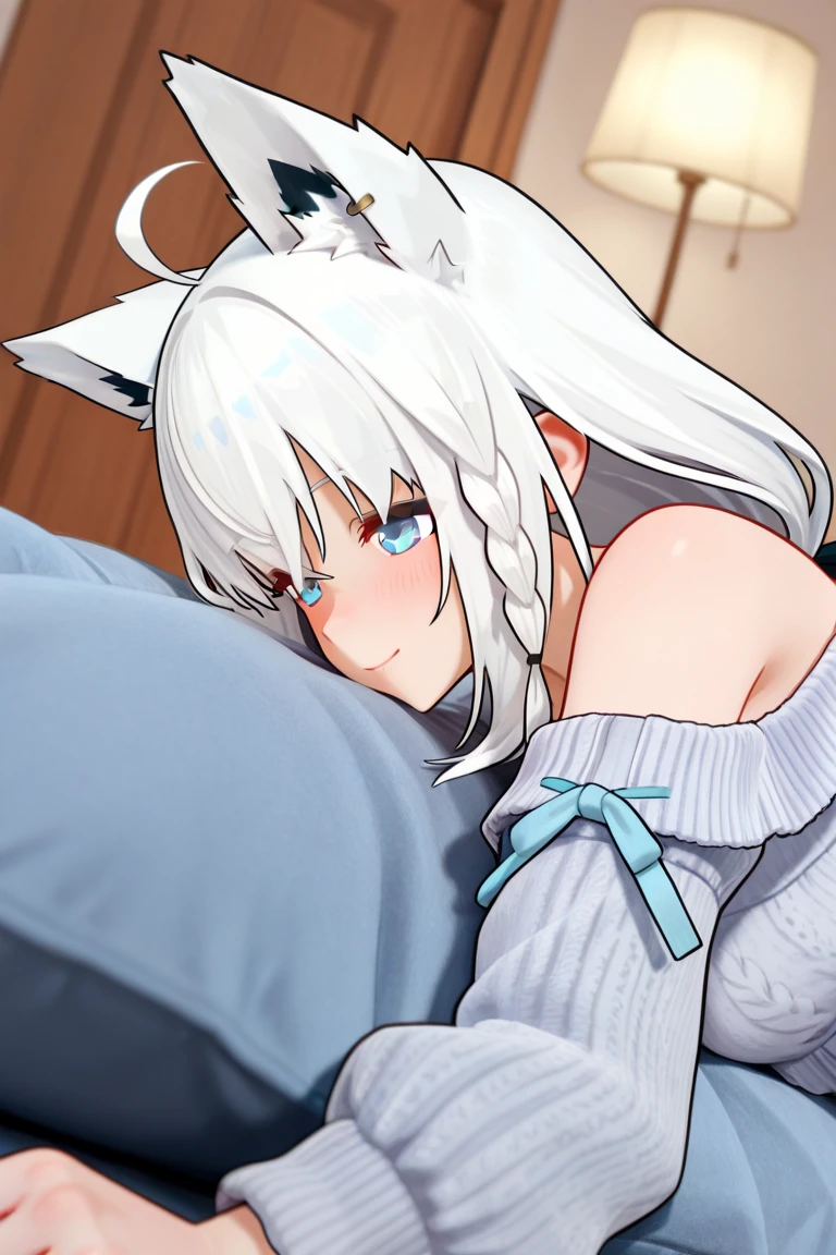 (masterpiece, best quality:1.5), (ultra detailed, high resolution, 8k, beautiful detailed, UHD, best anatomy), white hair, flat breasts, 1 beast ears, barefoot, bedroom, night, Lying on the bed, asleep, Both eyes closed, Pajamas with short sleeves and short pants, Cat girl, head on pillow, sleeping sideways, blanket, side angle