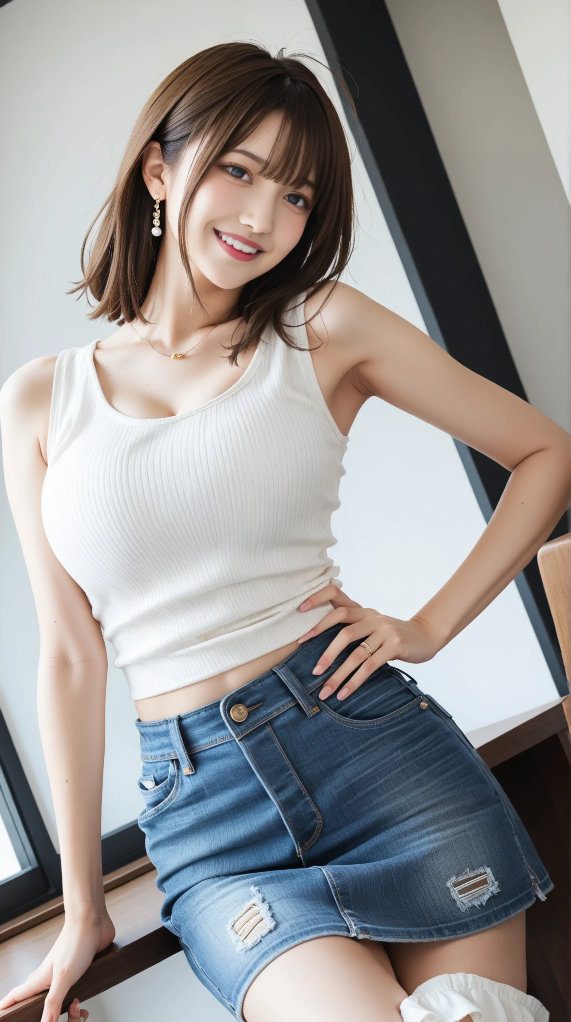 Lover's room,Apartment manager,((full body)),((photo)),((best qualtiy, 8K, tmasterpiece:1.3)), Focus:1.2, perfect figure beautiful woman:1.4,1woman,cowboy shot,look at viewer,incredibly absurd, beautiful and cute woman with a photorealistic face, showcasing top-quality craftsmanship, A Japanese woman inspecting the equipment in her room, 31 years old, shoulder-length, medium-long brown hair, wavy and shiny, with bangs, round face, big brown eyes, soft smile, neat eyebrows, small nose, plump lips, white skin, smooth skin, healthy complexion, healthy, glamorous, large butt, 157cm tall, G-cup breasts, white blouse, dark blue jeans, beige vest, small gold earrings, silver watch, pretty older woman, beautiful, married woman, neat, cute voice, calm, kind, responsible, curious, gentle, May
