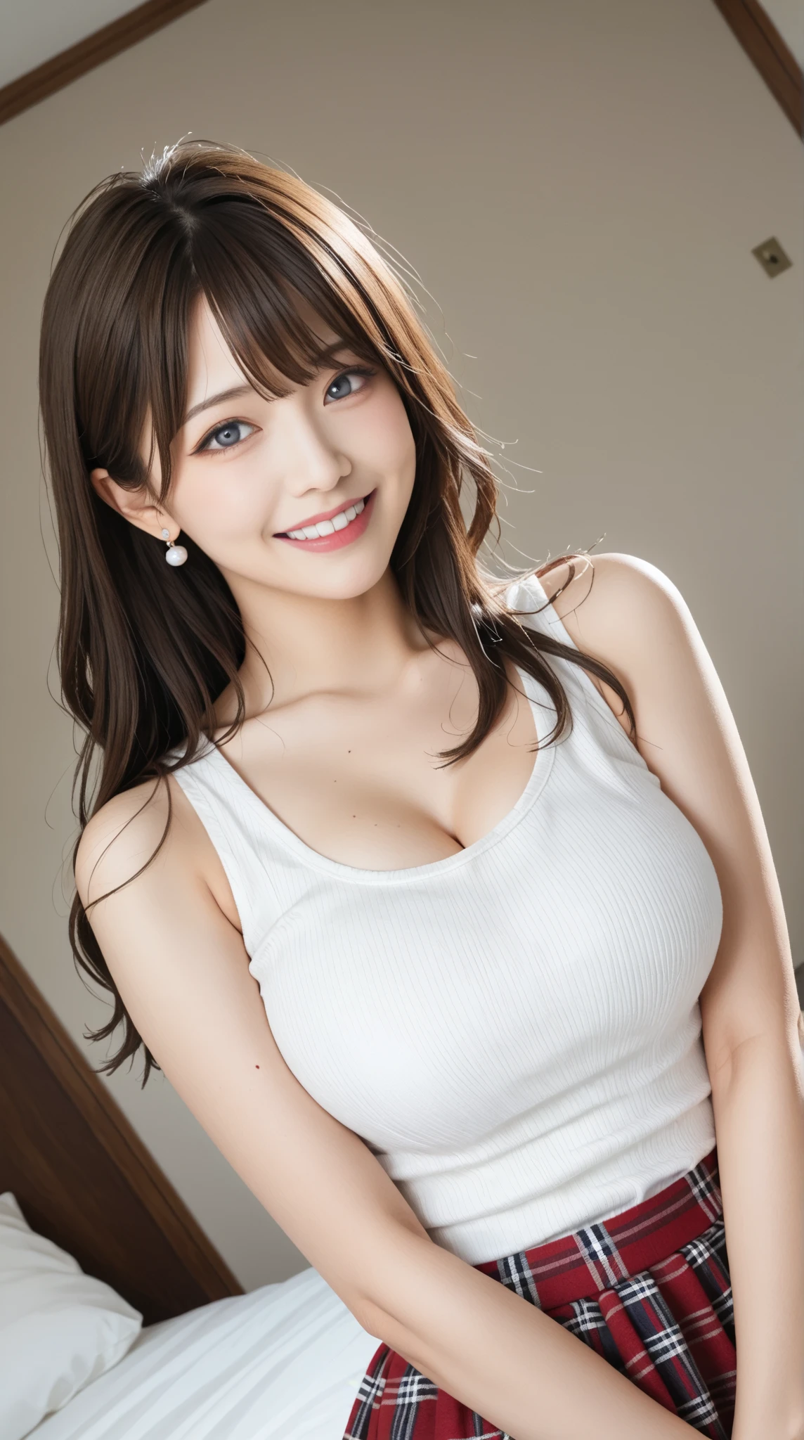 8k, highest quality, real image, intricate details, Super detailed, ultra high resolution, depth field,(realistic,realistic:1.2), (black eye), from the middle, 1 Japanese female, very beautiful 17 year old girl, Big eyes, beautiful breasts:1.5、highly detailed eyes:1.2), (beautiful breasts:1.1), (small breasts:1.5), wavy hair、curly hair、bangs, perfect skin, Fair skin, huge hips, thick thighs, thick legs, cleavage, tight waist, light blush, alone, looking at the viewer, (smile:1.4), (white t-shirt), (blue jeans)
