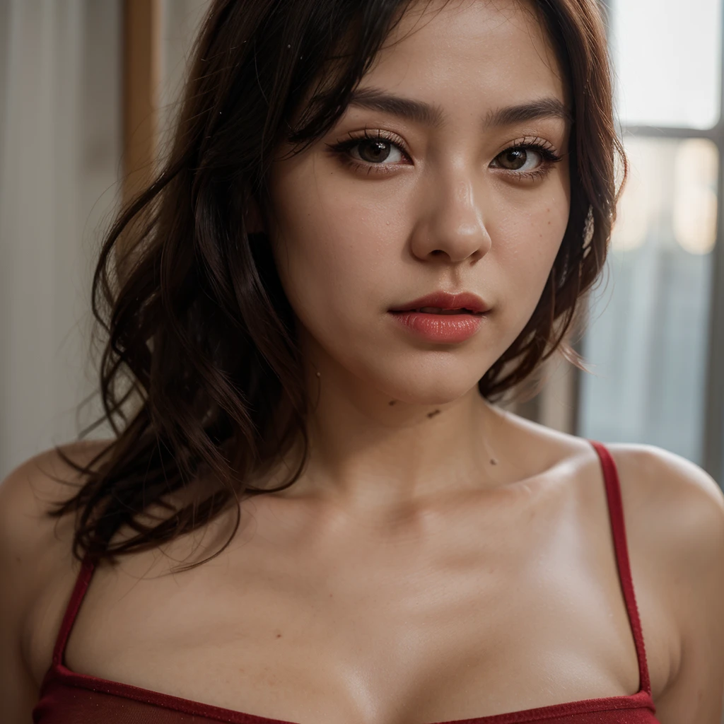 (Browsing Caution), (RAW Photos), (Realistic), (Photorealistic), Ultra-high resolution, masterpiece, Highest quality, Portraiture, facial Portraiture, Perfect lighting, Detailed lighting, Dramatic Shadows, Ray Tracing, 1 Japan Beautiful, 40 years old, Sensual, Cleavage, Plump figure, Beautiful and delicate brown eyes, Red lips, big tits, big ass, big thick thighs, Short Hair, Black Hair, Earrings, Mouth half open, smile, View your viewers, Wearing a sexy babydoll, In bedroom, ((from below)),