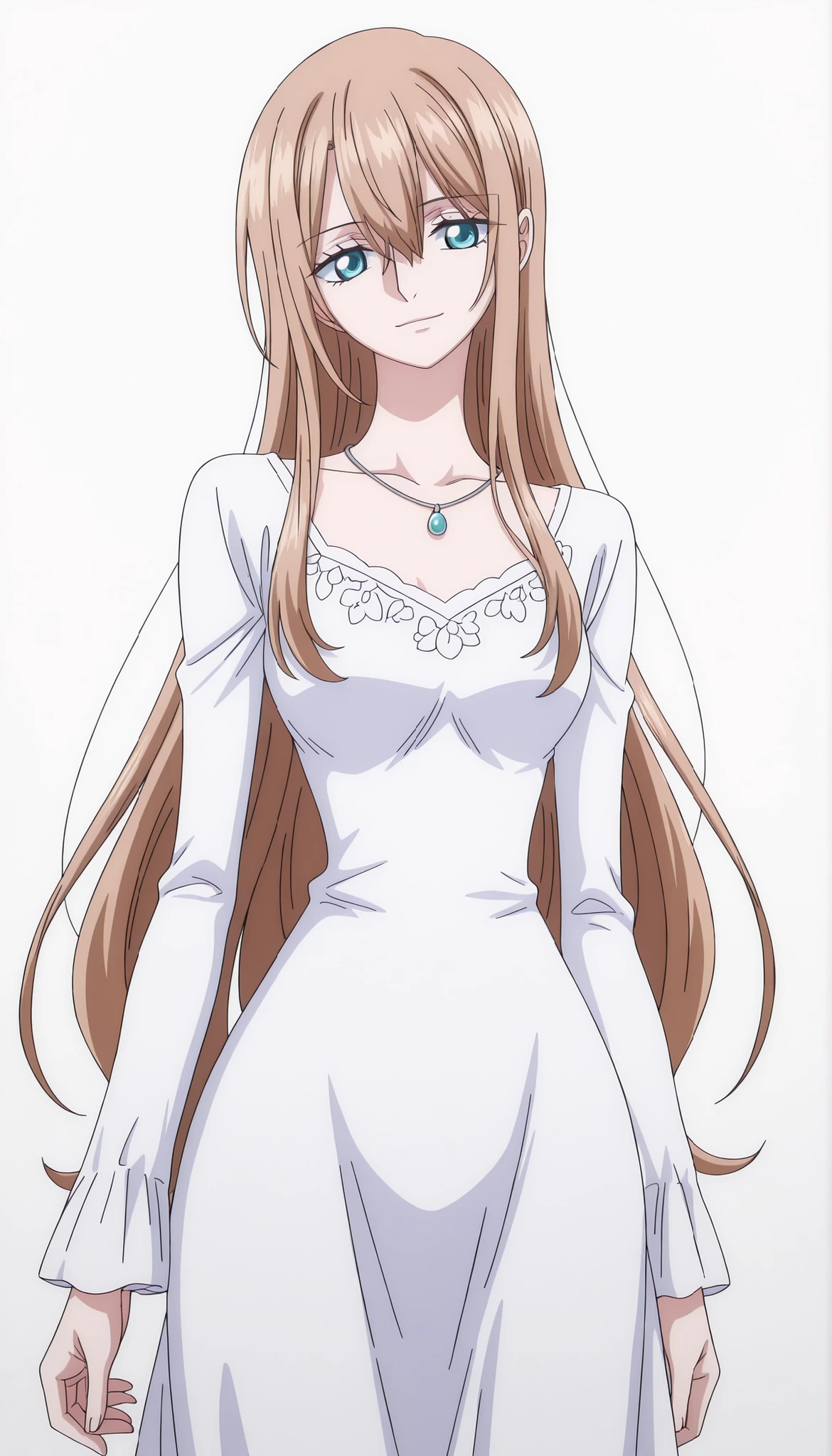 tall girl, 1girl, shiny light, (aged up:1.5),long hair, (bangs), hair between eyes, very light brown hair, pale skin, light blue eyes, shiny eyes,(flat chest), necklace, white summer dress, narrow waist, long sleeve ,white background, simple background, anime coloring, anime screencap, masterpiece, best quality, amazing quality, intricate details,(cowboy shot), ,, light smile, head tilt, (very slightly long neck:0.7),