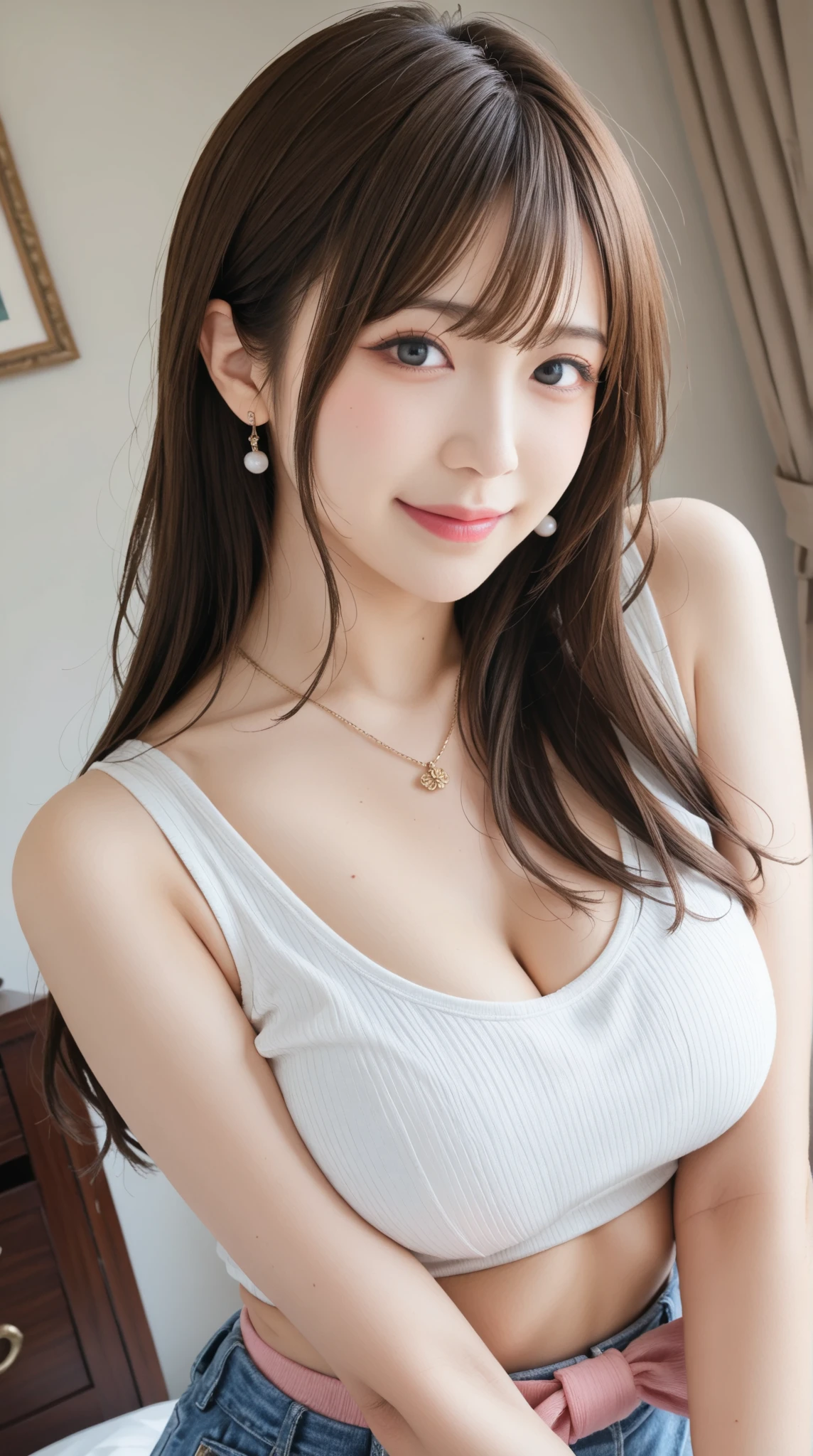 (highest quality、8K、masterpiece、High resolution、genuine、3D),Best Quality、15 years old, (cleavage), elementary school face,lolita,mascara, cute smile, loli, loli、bangs