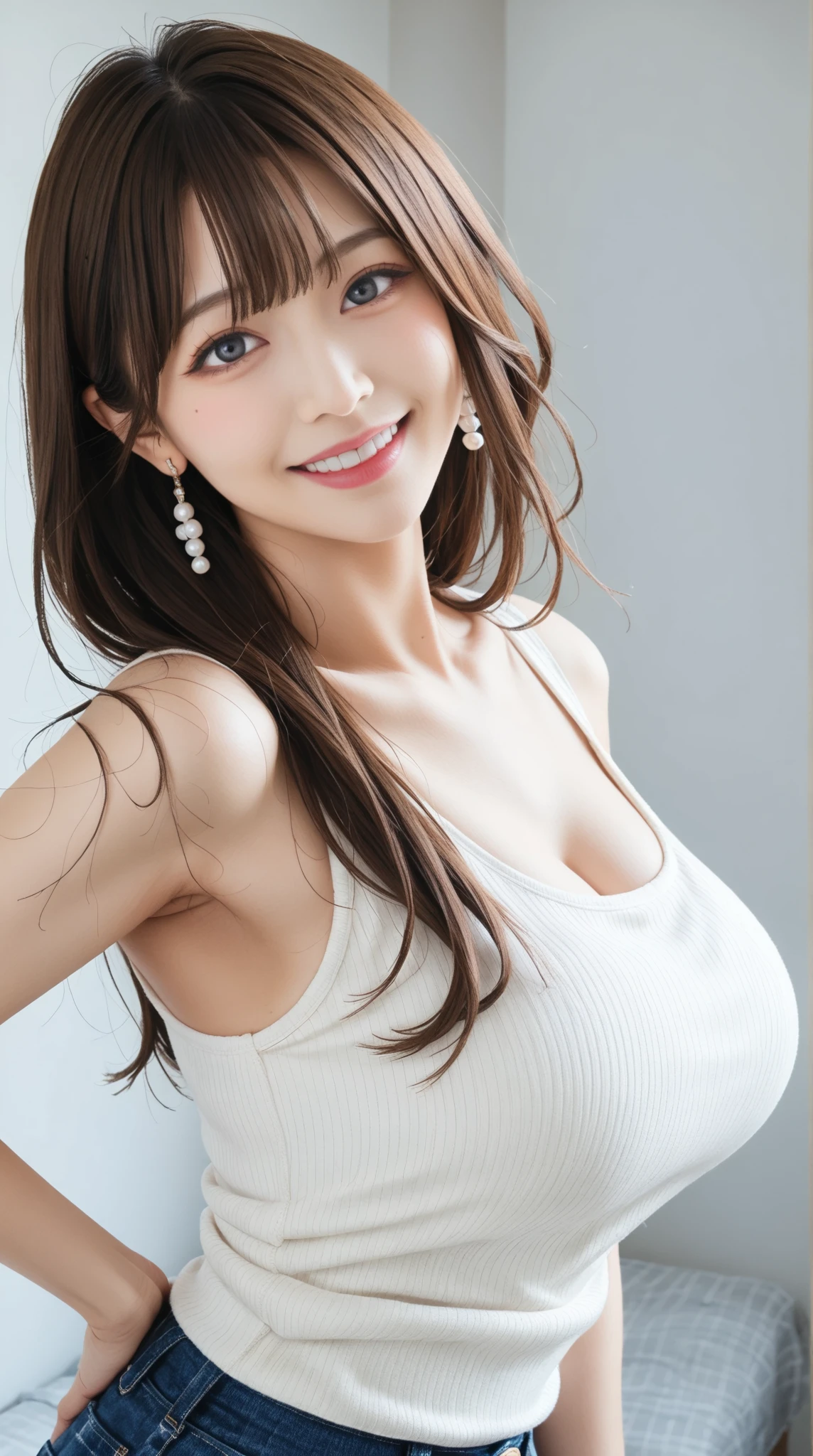 masterpiece、top-quality、realisitic、(A hyper-realistic), (illustratio), (hight resolution), (8K), (ighly detailed), (The best illustrations), (beatiful detailed eyes), (top-quality),( A smile)、 (ultra-detailliert), (masterpiece), (wall-paper), (详细的脸), A smile,(Armpit),((large filesize)),Plump,独奏,(Wearing a silk plunged open shirt), full of sweat, japanes, (camel's toe)、huge-breasted、Large garden, well-groomed white teeth、Ultimate Beauty、full of sweat、cleavage of the breast、Navel、Armpit、Beautiful and beautiful female hands、Brown eyebrows、Seductive look、( A smile)、Beautiful Kubire、sexy panties、mekosji、teens girl、Armpit、length hair、s ass、