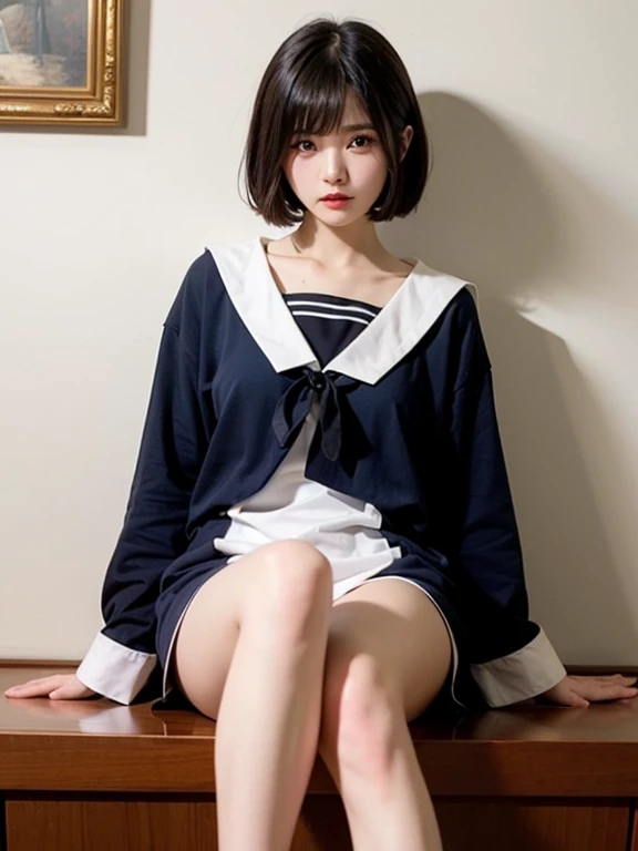 (masterpiece:1.2), Very detailed, Ultra-high resolution, (Realistic, photo Realistic:1.6), High-resolution RAW color photos, Professional photos, Dramatic lighting, 映画のFunctionalなシーン、Sharp focus:1.2, (Very detailed顔と肌の質感, Very beautiful eyes, Glossのある肌, Glowing Skin, Glowing Skin, Shining Face, Gloss, Oily skin, greasy face, Oily skin, greasy face, 強いGloss), Perfect Anatomy, Very detailed背景, 1 female, 25-year-old woman, Japanese women,Height: 168cm, (Short Bob Hair, Straight hair, bangs:1.3, Brown Hair), (Lean:Weight 1.0), (Flat Chest:1.6),(Slender legs:1.4)、(((dim:1.4)),((Sex during play))、((((Japanese Sailor Suit))))、(Erotic), ((Functional)), ((Glowing Skin)),(((Browsing Caution))),Earrings,,(((Sex))))