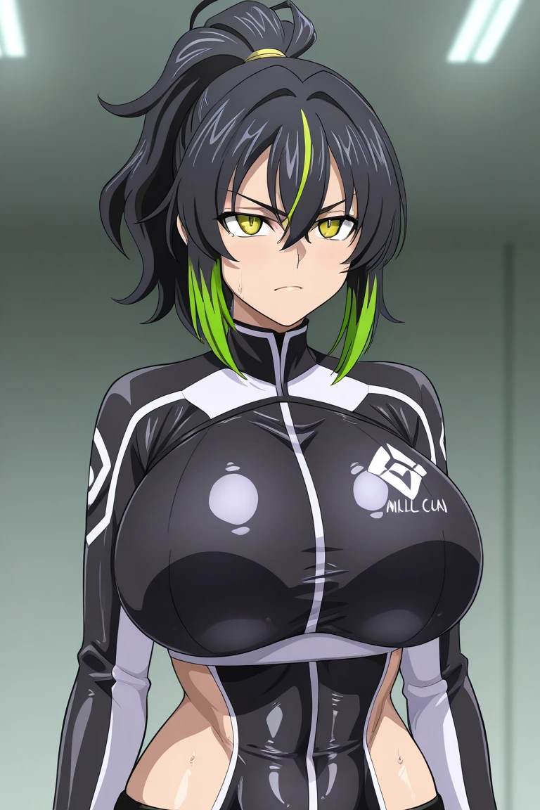 Black hair, green eyes, slender, large breasts, bodysuit, black background, portrait