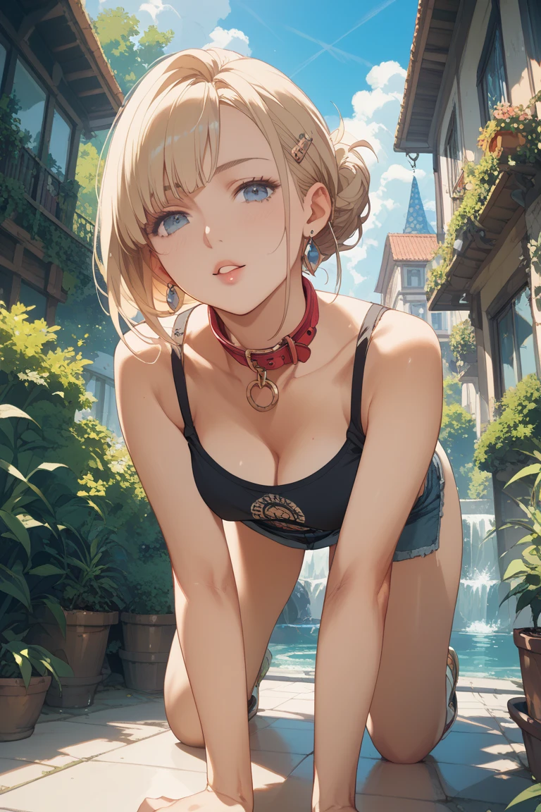Girl Doll,Solitary,rest,The zipper is not closed,Blonde,elegant,Pointed ears,whole body,Chinese element pattern,thigh,Leaking thigh,full,camisole,short denim shorts,stocking,leggings,(Brushstrokes,Impressionism,painting,Rich scenery),Disheveled,Chest contour,(((Wet clothing))),(((Ultra-thin clothing))),((Flesh outline)),Grinning
