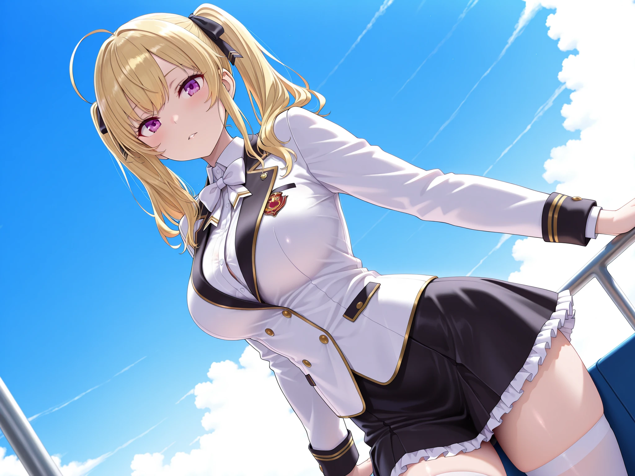solo,masterpiece,best quality, amazing quality, highres, absurdres, very aesthetic, high resolution, ultra detailed, perfect details,nijirion,large breasts,purple eyes,blonde hair,twintails,ahoge,hair ribbon,nijirioncos,white shirt,white bowtie,white jacket,black lapels,button,black skirt,frilled skirt,miniskirt,white thighhigh,(masterpiece, detailed:1.2)