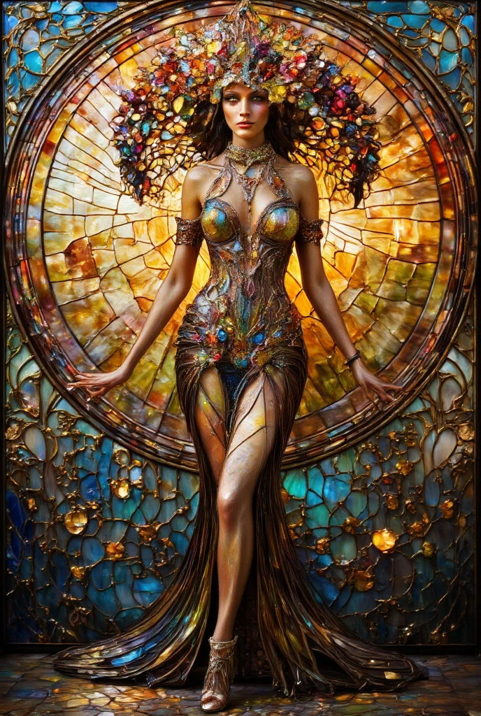 Artistic image of a woman, without clothes, barefoot, in the style of Gustav Klimt, with the brave, gold patterns and intricate decorative elements Imitate Klimt's artistic style, używając techniki mokrego tuszu, to create a visually striking effect. Shades of gold, white and black,