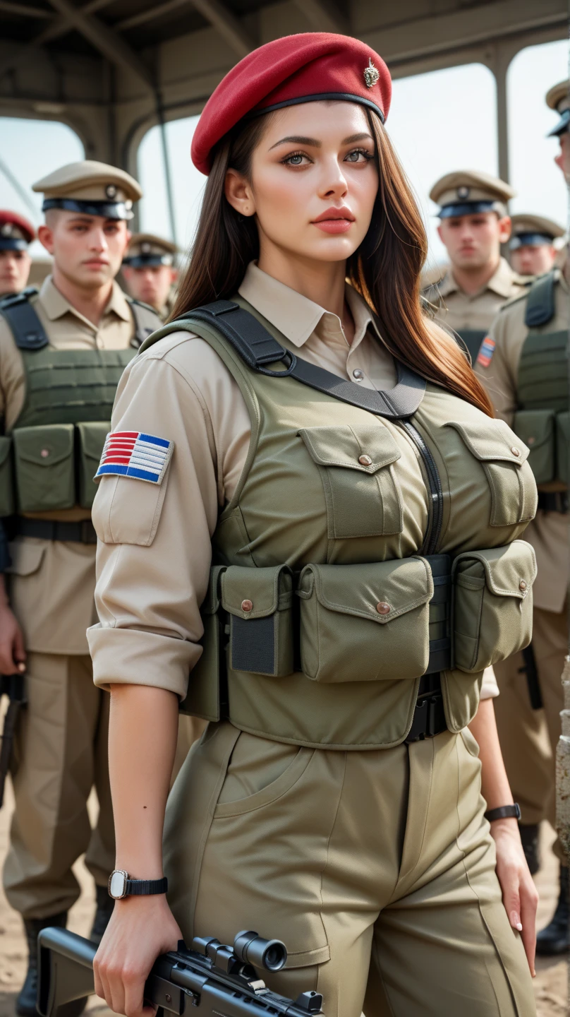 a chicken, galo, mascle, busty and haughty, wearing army uniform