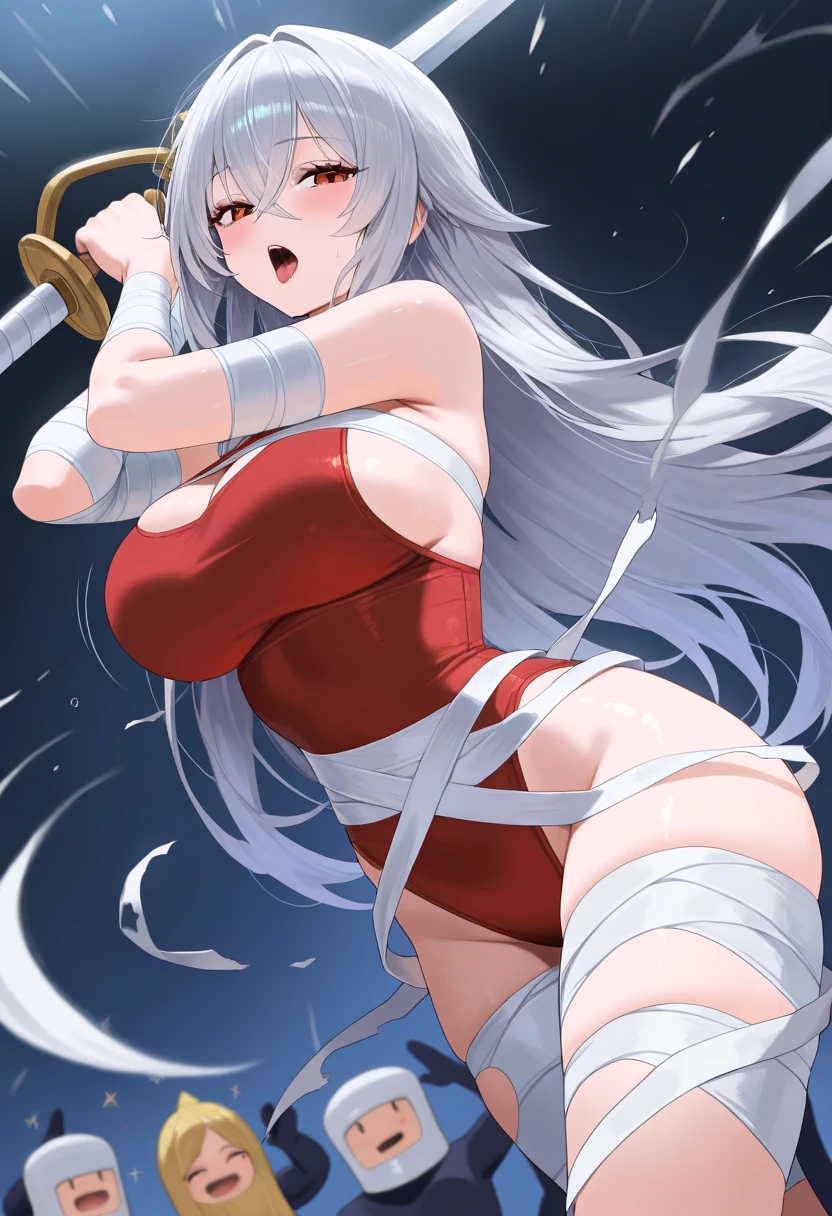 best quality, high resolution, best quality, high resolution, (huge breasts:1.2), leaning forward, sky, from below, 1girl, Masuzu, big breasted, mature woman, grown up, white tunic, pelvic curtain, pink obi, cleavage, bridal gauntlets, elbow gloves, red choker, sexy training, working out, stretching her body, bouncing breasts, beach environment
