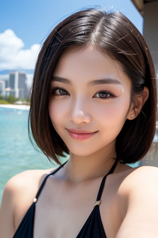 Black hair, hair bobbles, longeyelashes, Solid Circle Eyes, lightsmile, Mole under the eyes, Heart-shaped pupil, longeyelashes, surrealism, drop shadow, anaglyph, stereograms, Tachi-e, POV, Atmospheric perspective, depth of fields, One-person viewpoint, Bokeh, F/1.8, 8K, Super Detail, ccurate, Best Quality, Best Quality, High quality, high details, Super Detail,bikini of,Smile,Large breasts,Cowboy Shot,