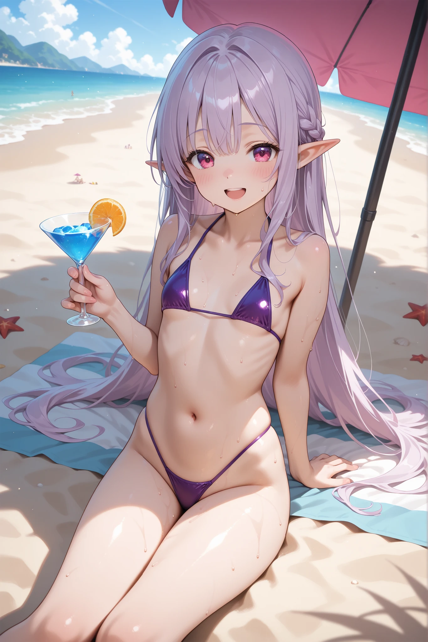 8k, masterpiece, best quality, highly detailed, 1girl, tiefling, warlock, multicolored hair, very short straight hair green highlight hair on white hair, strippled hair, wearing glasses, earrings, necklace, mole, glowing green eyes, glamorous, beach, shoreline, teal and purple bikinis, butterfly, sandals, navel piercing, villainy, smirk, seductive pose, close up view, rings, looking at viewer, demon horns, 