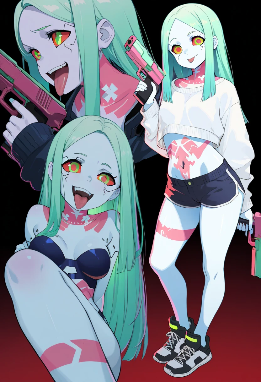 full body,1girl,solo,Fingerless gloves,standing,smile,rebecca, yellow eye, mechanical eye, red sclera,  leg tattoo, colored skin, tattoo, petite, black hairband, green hair, neck tattoo, small breasts, headgear, long hair, stomach tattoo,maid outfit