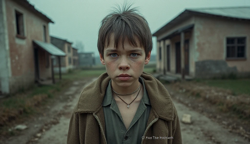 Create a high-resolution image of a very young crying soldier wearing a very worn-out uniform. Half-body shot with a neutral blurred background.