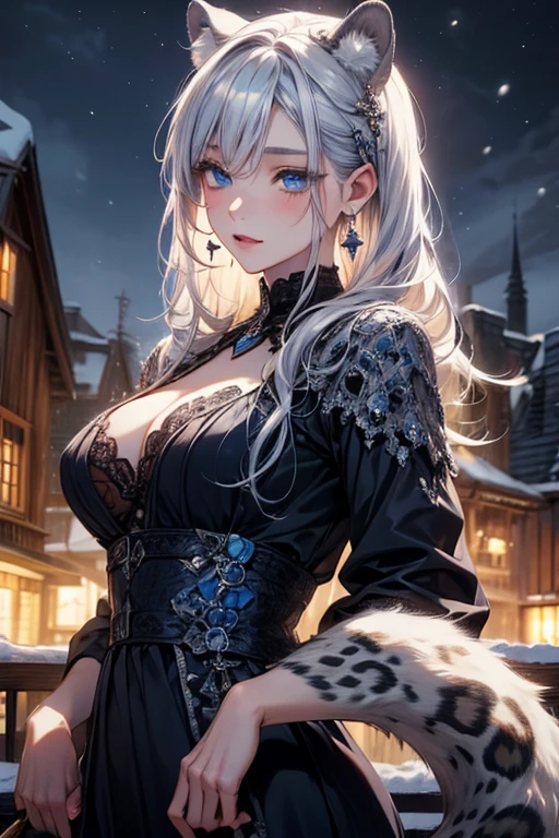 Detailed portrait of a girl sitting outdoors at night, Blue Eyes,Black evening gown,Elegant and noble,White fox ears,White Tail,Silver diamond necklace、earrings、Hair accessories, Beautiful and delicate eyes, Beautiful and delicate lips, (best quality, 4K, 8K, high resolution) Look up at the starry sky and the Milky Way, Surrounded by night scene,Buildings silhouetted against the night sky, Long white hair. Sensual posture.