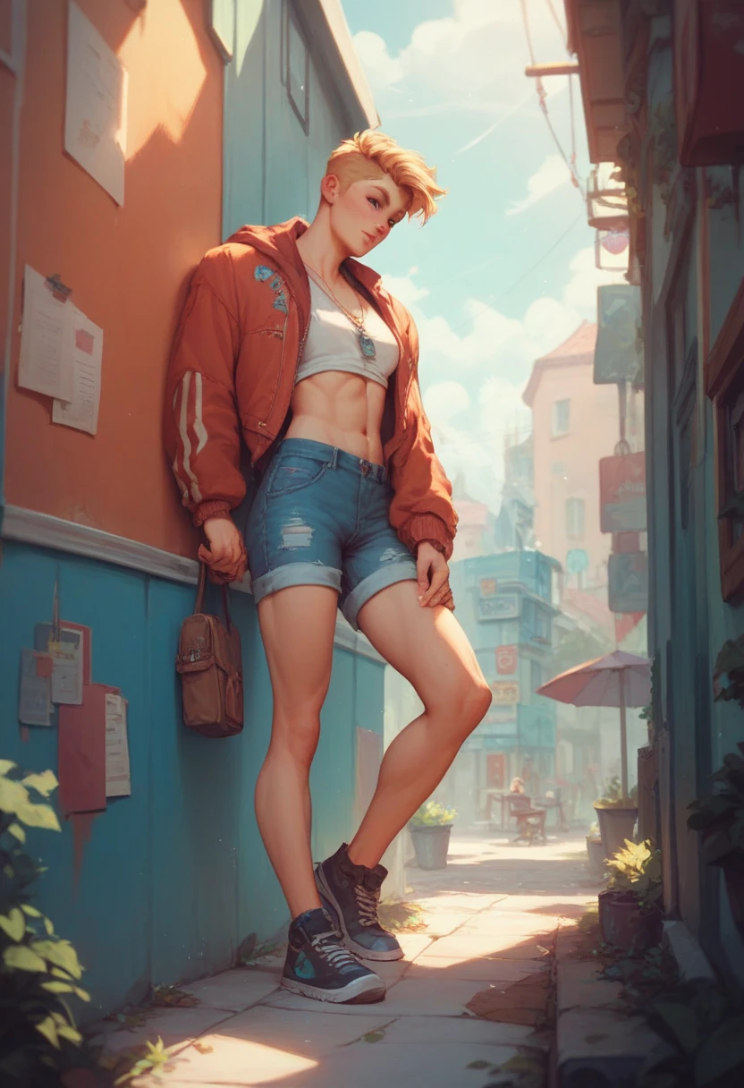 ((medium breast, tomboy girls, small head)), daylight, sunlight, (chiseled abs : 1.1), (perfect body : 1.1), (short wavy hair : 1.2) , auburn hair, collar, chain, full body shot, crowded street, wearing black tanktop, jeans jacket, ((shorts)), (extremely detailed CG 8k wallpaper), (an extremely delicate and beautiful), (masterpiece), (best quality:1.0), (ultra highres:1.0),  beautiful lighting ,perfect lightning, realistic shadows, [highres], detailed skin, ultra-detailed