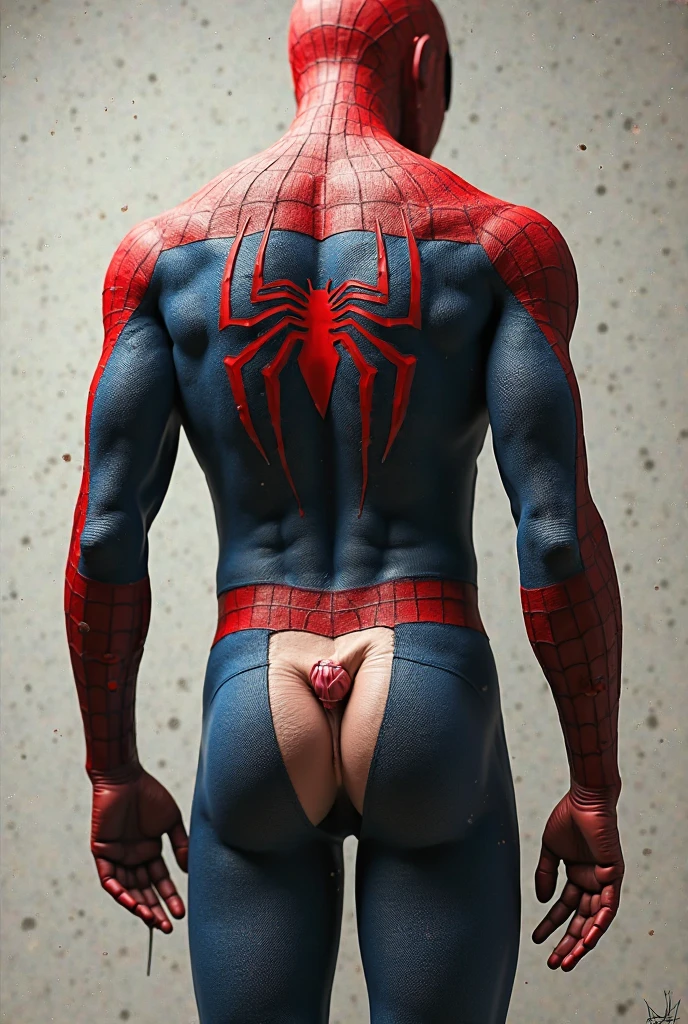 Peter Parker in a Spider-Man costume, showing off his ass, torn fabric on his ass, spreading his buttocks, seducing, playful, in an adult store, around a lot of dildos of different sizes