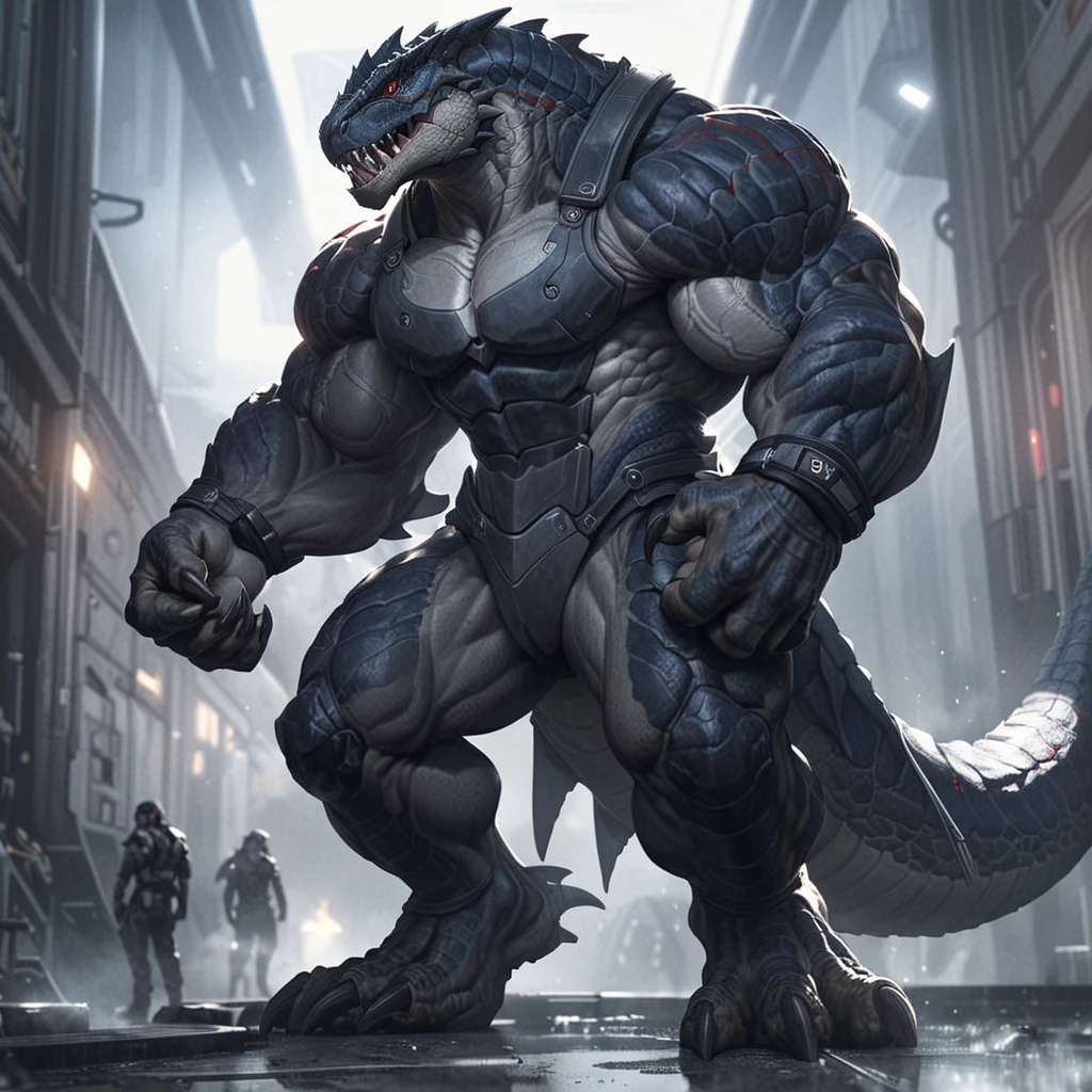 solo, anthro, male, ultra details, T-Rex, ultra detailed muscles, black scales, white belly, black short spiny scales, standing up, black claws, red eyes, slit eyes, slim fit, muscular slim, menacing, sexy, handsome, ultra detailed slit eyes, pecs, hind leg, have only one tail, (Masterpiece, by null-ghost, ultra hi-res, 8k), wear futuristic full armor, futuristic military base, front point of view, pointing futuristic rifle at viewer