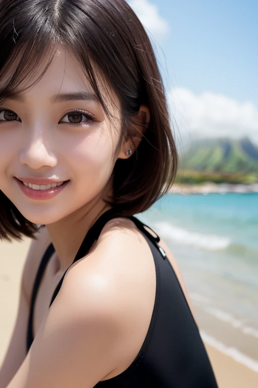 8K, highest quality, masterpiece, realistic, ultra-detailed, photo-realistic, hyper-realistic, smoother lighting, enhanced cinematic lighting quality, realistic lighting, backlight, bright light, improved quality, highest quality real texture skin, beautiful beach, sexy pose by the seaside, close-up, slender, cute face, smiling, beautifully detailed eyes, 19 years old, cute, black short hair, wearing a colorful bikini,