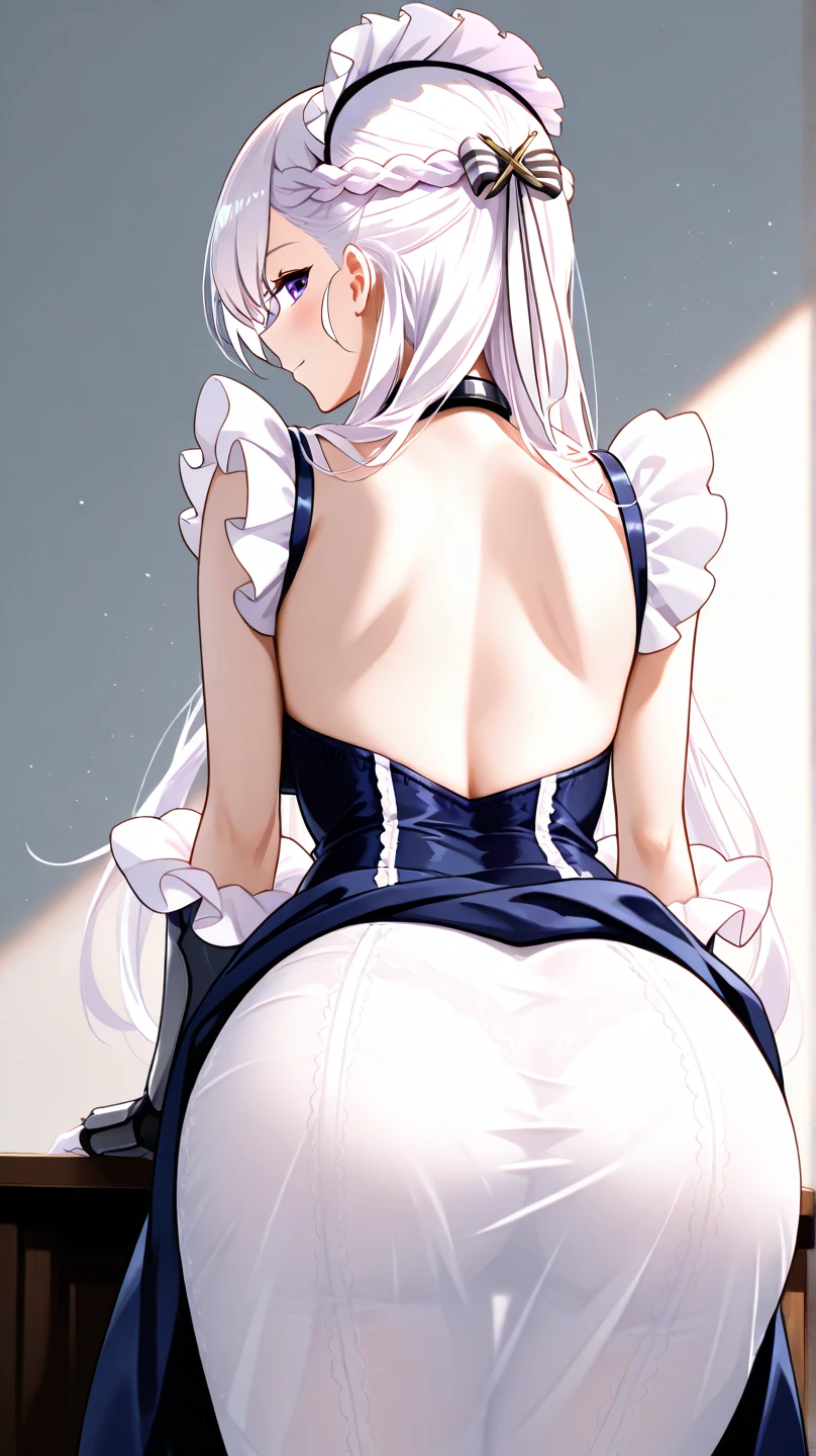 (upper body),belfast, 1girl,long hair, french braid, maid headdress, collar, chain, collarbone, cleavage, frills, maid, sleeveless, gauntlets, elbow gloves, white gloves, waist apron, white apron,((white panty)),BREAK,blush,embarrassed,(((raise ASS:1.3))),(ass focus,from behind:1.3),(looking back,all fours:1.3),(cameltoe:1.3),
BREAK,masterpiece,Noise Reduction,perfect anatomy,high resolution, ultra-detailed,game cg,beautiful detailed eyes,visualart,five fingers, perfect hands, perfect lighting,
