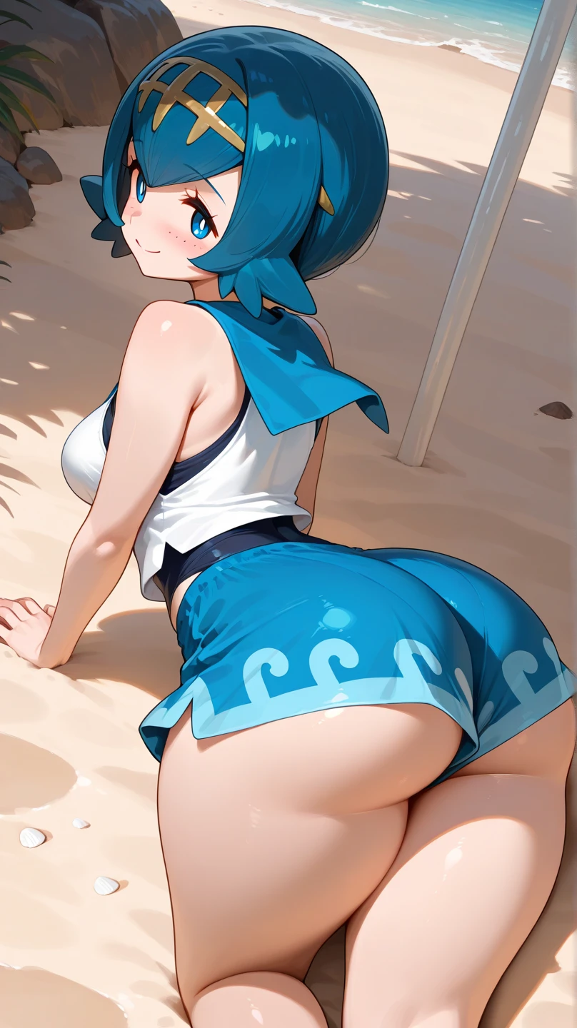 (1girl), (solo), cowboy shot, minimalist background, simple background, minamalistic background, simplistic background, best quality, (Niko), yellow eyes, blue hair, brown hat, hat (hat with brown cat ears), (underwear only), brown skin, (brown tank top), ((blue underwear)), from behind, wide hips, butt, large butt, large ass, suggestive