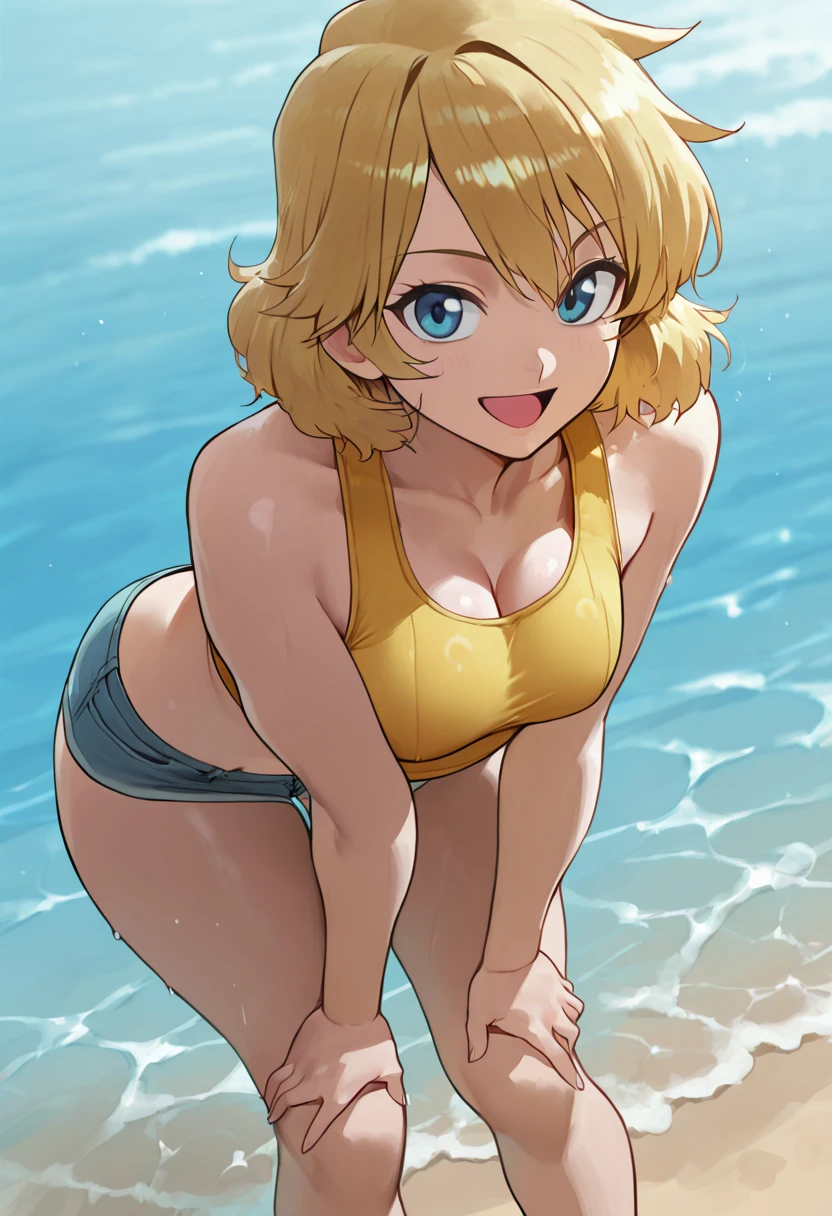 (highest quality, High resolution, perfect pixel, Depth of bounds written, 4K), beach, detailed eyes, (1 lady), tall, (skinny body:1.2) , (thin thighs:1.2), large breasts, blond hair, (ponytail:1.2), yellow, (short pants bikini:1.2), (cross halter), denim short shorts, (panty strap:1.2), (standing), (Hands on Hips), (light smile), blush, sweat, 