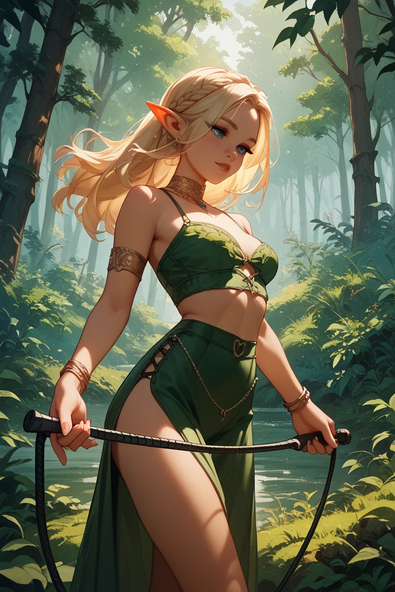 ((masterpiece)), ((Best quality)), ((A high resolution)), ((extremely detailed wallpaper CG unified 8k)), ((on a tree branch in a deep forest:1.3)), ((Elven Character, pointed elf ears, wavy blonde hair, green eyes, Bare skin:1.2)), cowboy shot, skin moist and shiny, In a flowing minidress and leather armor with gold jewelry., long leather boots, ((tilts his head, front view:1.2)), ((Squat with legs apart)),