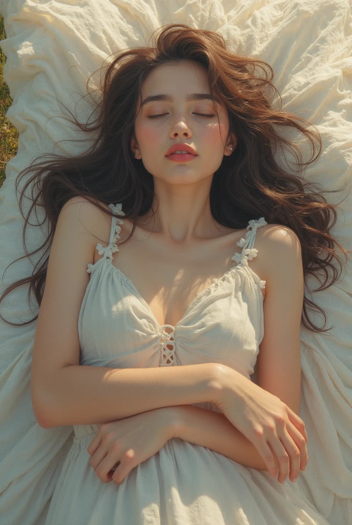 beautiful, masterpiece, best quality, extremely detailed face, perfect lighting, (1girl, solo, 1girl, NemoNelly, Slight penetration, lying, on back, spread legs:1.5),street,crowd, ((skinny)), ((puffy eyes)),brown hair,medium hair,cowboy shot,medium breasts, medium size,swept bangs,walking,outdoors,sunshine,light_rays,fantasy,rococo,hair_flower,low tied hair, smile,half-closed eyes, ,dating,(Nude), nsfw, (heavy breathing:1.5) ,tears, crying, blush, wet, sweat,
