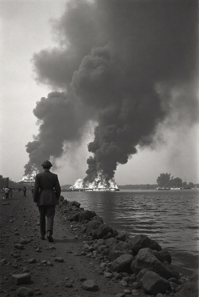 Oppenheimer and the explosion of the atomic bomb in the background of the landing