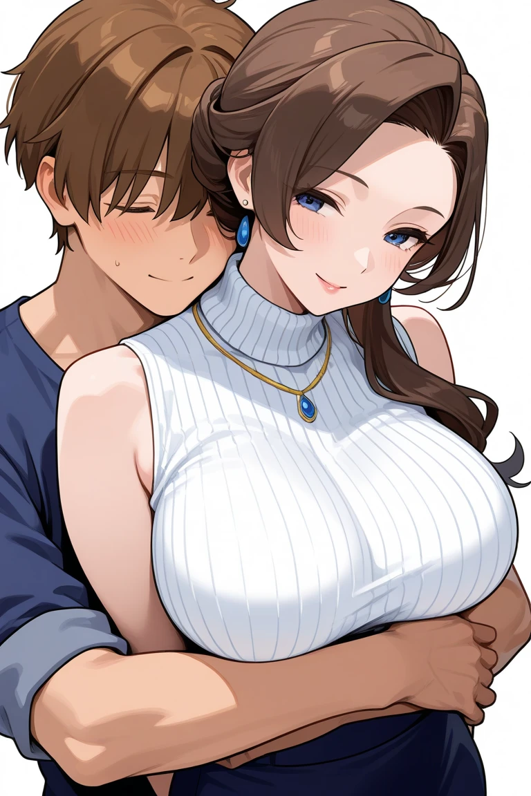 tmasterpiece,best qualityer,(There are only two people:1.3),Absolutely beautiful,A mature woman with tear moles and one (Very little:1.2) Boy, Mother and son hug,hugs,huge tit, ecchi anime style,