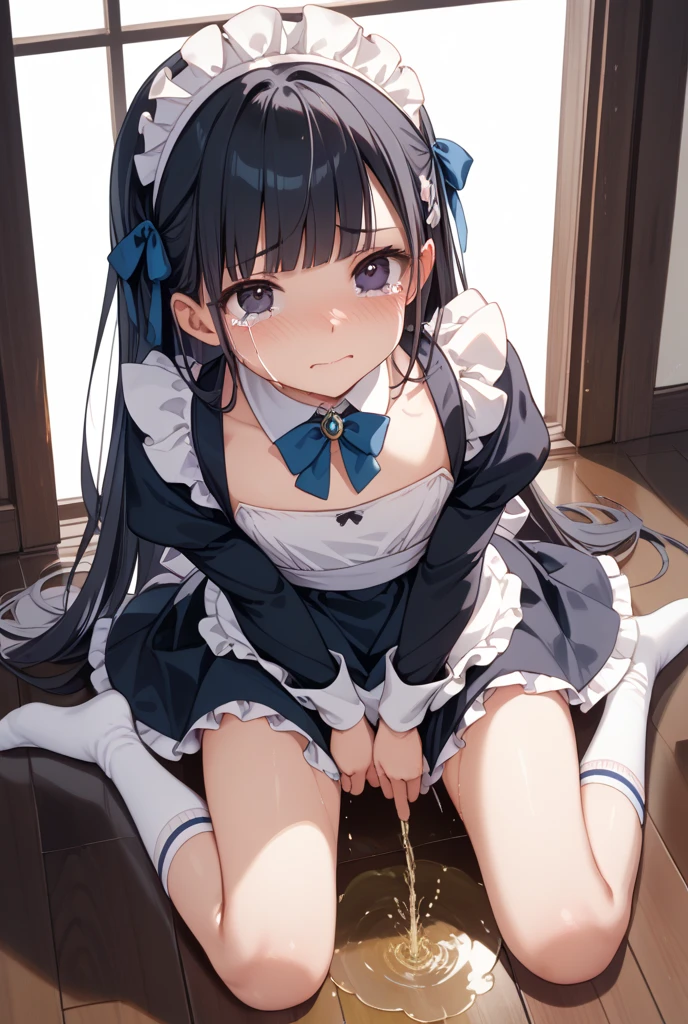 high quality, detailed, 1girl, loli, infant, 10 years old, flat breast, (fullnude:1.4), (bare pussy:1.4), (dildo in pussy:1.4), naked, uncensored, maid, black hair, long hair, eyes closed, ashamed, blush, sitting, on table, split legs, hand touching pussy, in cafe, from below