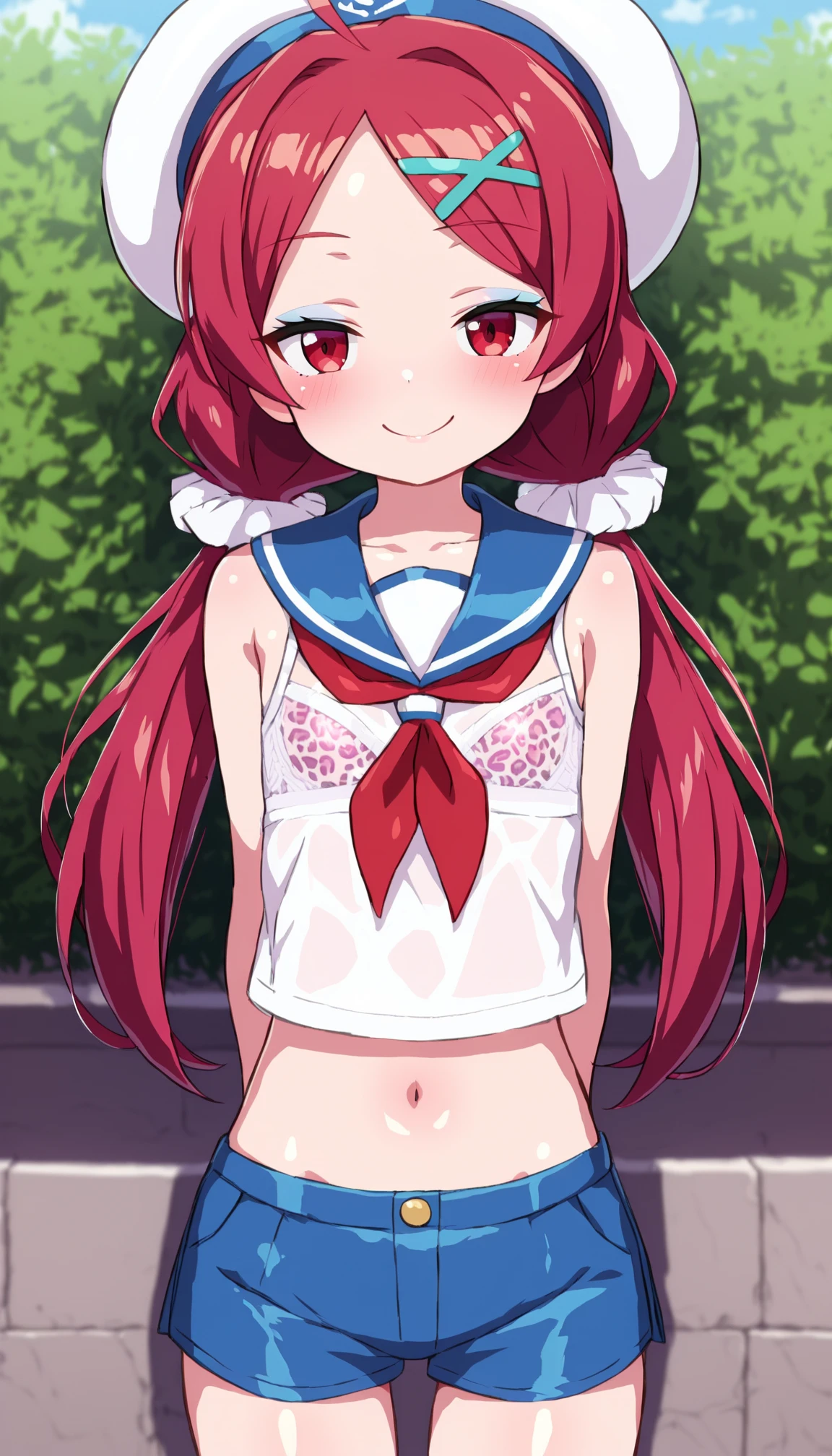 , The upper body is not wearing anything, The upper body is not wearing anything, The upper body is not wearing anything, Small breasts, Small breasts, Small breasts, hanadera tax, medium hair, brown hair, hairclip,
, white shirt, long sleeves, pinafore, red neck ribbon,
blue shirt, two-tone shirt, buttons, pink skirt,
flower hair ornament,
brown eyes,
pink hair,, topless, topless, topless, Nipples are visible, Nipples are visible, Nipples are visible, Large nipples, garden, The upper body is not wearing anything, The upper body is not wearing anything, The upper body is not wearing anything, Small breasts, Small breasts, Small breasts, high quality, high detail, beautiful, 8K, Detailed face, Detailed nipples,