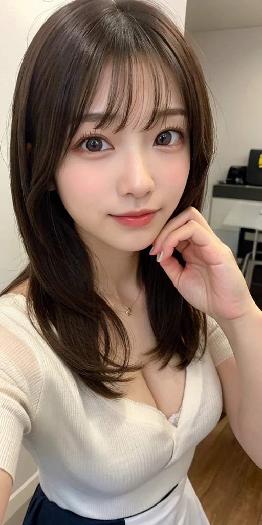 masterpiece, highest quality, 8k, 20th generation, Big Breasts, cute, alone, sad, cute, Girlish,cute 繊細な女の子, cute、Pure beauty, RAW Photos, Professional photography, Portraiture, Soft Light, Professional Lighting, Backlight, Upper Body, avert your eyes, Sophisticated, Film Grain, (Eye and facial details:1.0), Round face、Floating Hair, beautiful, Flowing hair, Asymmetrical bangs、(Big Breasts:1.0)、loose white blouse、Navy blue cardigan、You can see a little bit of her chest、Micro Mini Skirt、Exposed thighs、Voluptuous thighs、dolly make、Heterochromia iridis、Office at night、In front of the computer、sitting in an office chair、