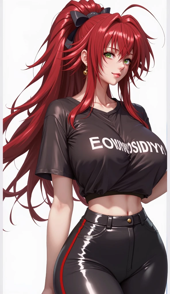 green eyes, red hair with long bangs, noble. wavy long hair. strong woman. she quiet. wear purple and black t shirt. dominant woman. mafia. mature woman. girl boss. badass woman. gangster. hair so long have bangs. gangster