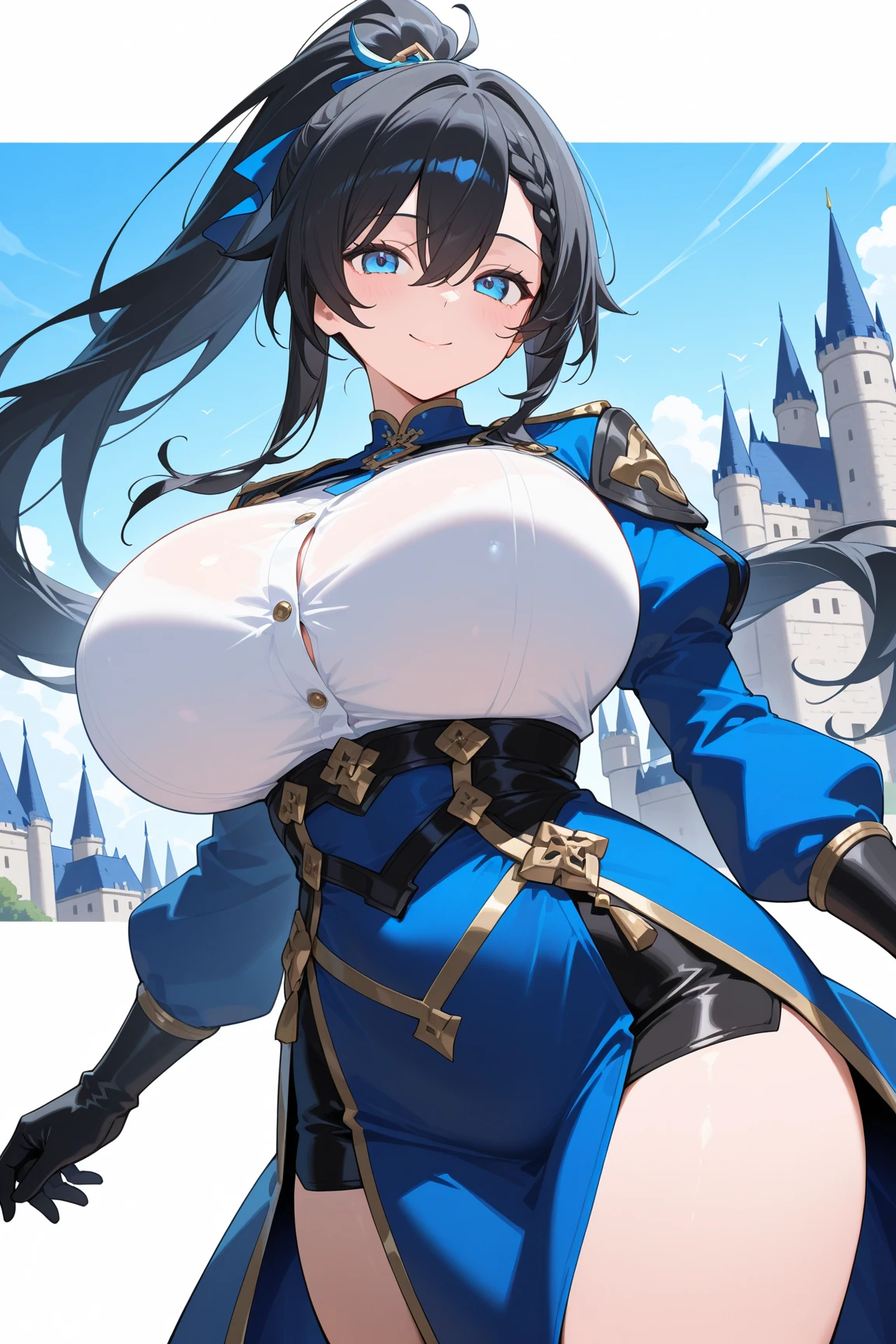 1girl, solo, Lynette bishop, huge breasts, toned, narrow waist, wide hips, slim waist, hourglass figure, seductive smile, light brown hair, blue eyes, bikini armor, cape, smile, knight