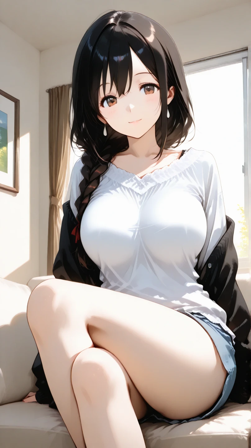 one woman, sitting on the chair, tall girl,yellow bra,yellow panty,thin,gleaming skin,beautiful face,sharp eyes,brown eyes,flushed cheeks,cool,angry,open mouth,long hair,ponytail, black hair,slender face,indoor,illustration style,anime style,masterpiece, extremely fine and beautiful,illustration,adult woman