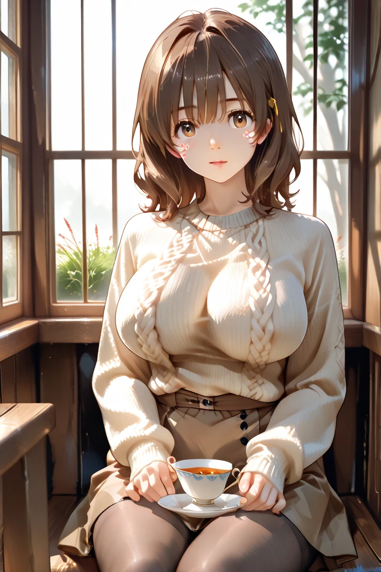 (((White short sleeve elegant blouse、Red long skirt))),(((Apartment room、Sitting in a chair、Anxious expression、Tea on the table:1.3)))Mid-length bob cut hair:1.9. Big breasts:1.6、(((1 Female:1.3))), (((Brown Hair:1.3. Wavy Hair:1.3. Bob Cut Hair:1.9 Round Eyes Beauty:1.3. Shapely breasts, brown eyes, side-swept bangs, red cheeks:1.3. Sweat:1.3)))、(((Top quality masterpiece high resolution perfect human body:1.3))),(((cute:1.3)))