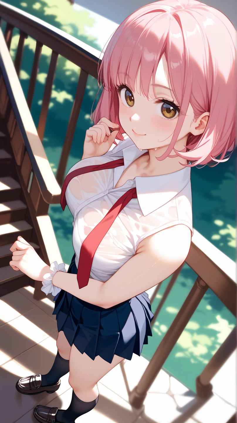 masterpiece, Highest quality, High resolution,(throw_hand grabbing chest),,One girl, One boy,Age difference,bow tie,Blonde,chest,Long Hair,Pink Hair,pleated skirt,Tucked in shirt,short hair,skirt,smile,Tent shirt,amusement_garden,breasts grab
